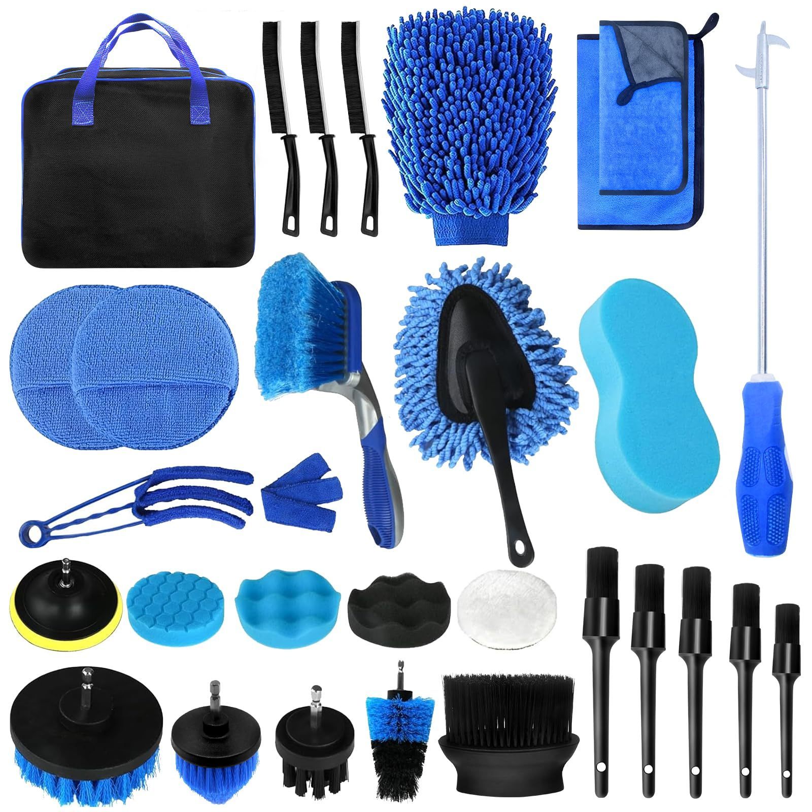 E-shop Auto Reinigungsset, 30-teiliges Autopflege-Set: Enthält 5 Car Detail Pinsel, 5 Bohrmaschine Bürsten, 3 auswechselbare Polierschwämme, 3