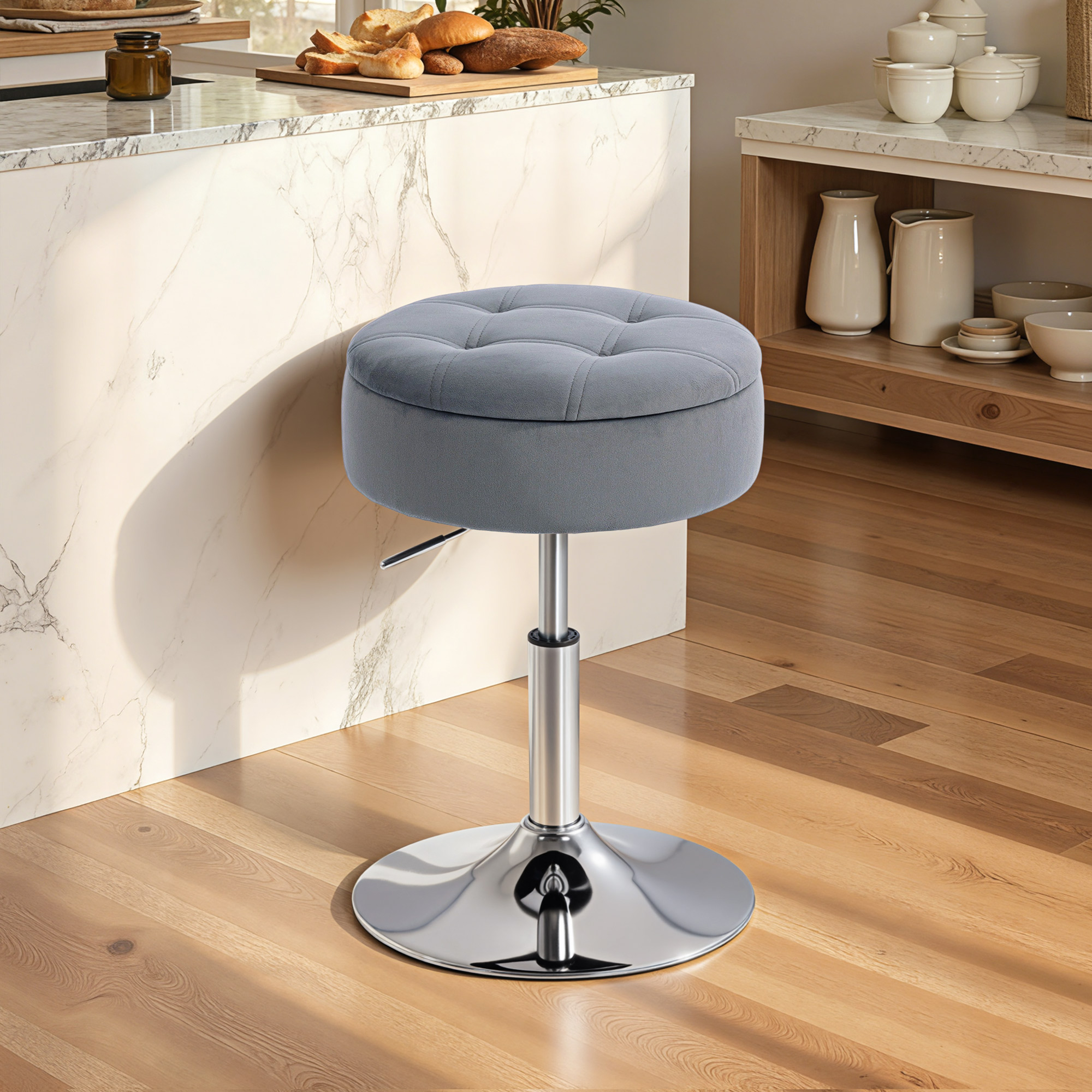 Bar Stools, Bistro Stools With Storage, Swivel Bar Stool, Rolling Stool, Height-adjustable Kitchen Stool, Vanity Stool With Velvet Upholstery, For Living Room, Dining Room, Grey.