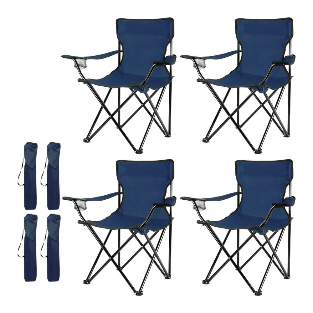 TEMU Pack 4 Sillas Plegables Azules con Bolsa Almacenaje Camping Silla Pesca Playa Exterior con reposabrazos portavasos de Malla blosa Lateral