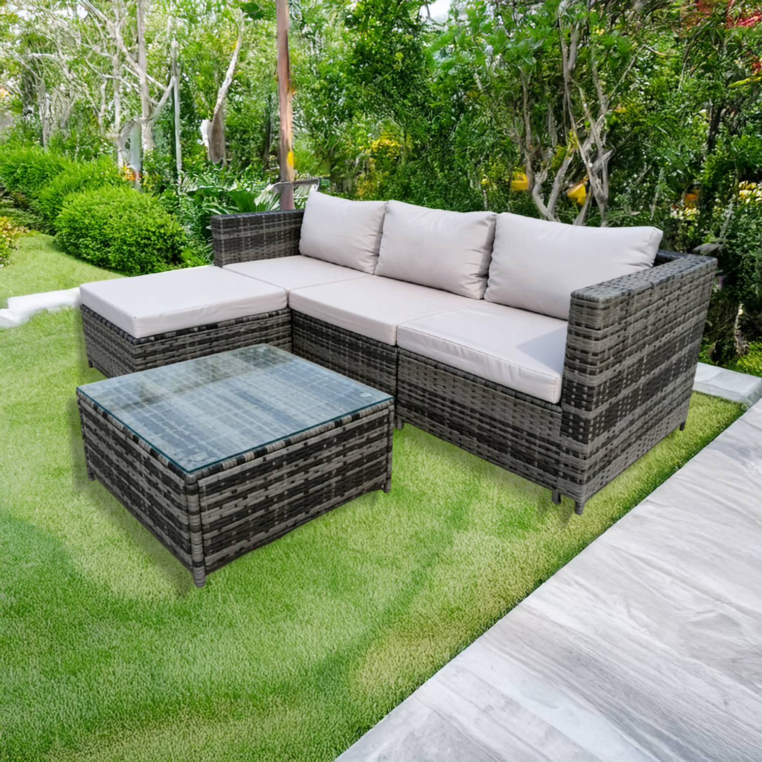 sofá de ratán de     de l para 4   con mesa, para interior/exterior, patio, jardín