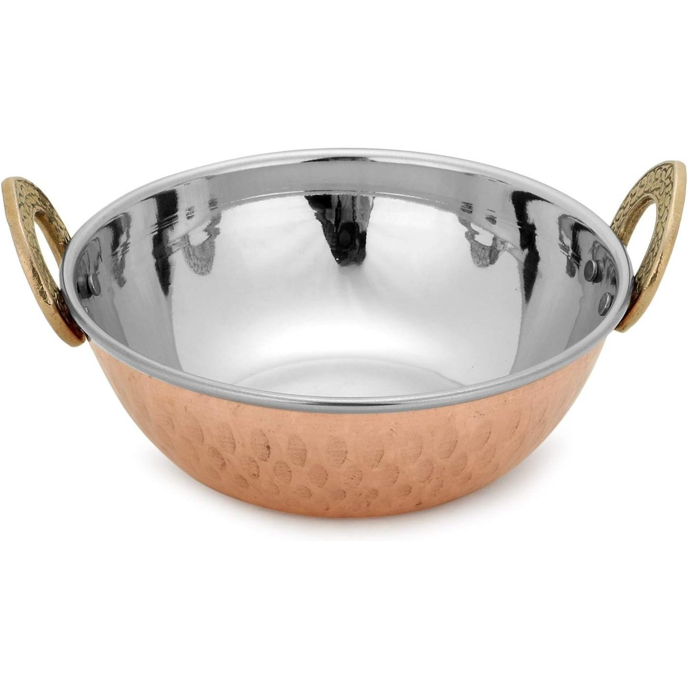 TEMU Traditional Copper Karahi Serving Bowl With Ornate Brass Handles - Stainless Steel Interior Indian Balti Dish For Curry, Stir-fry & Tableware