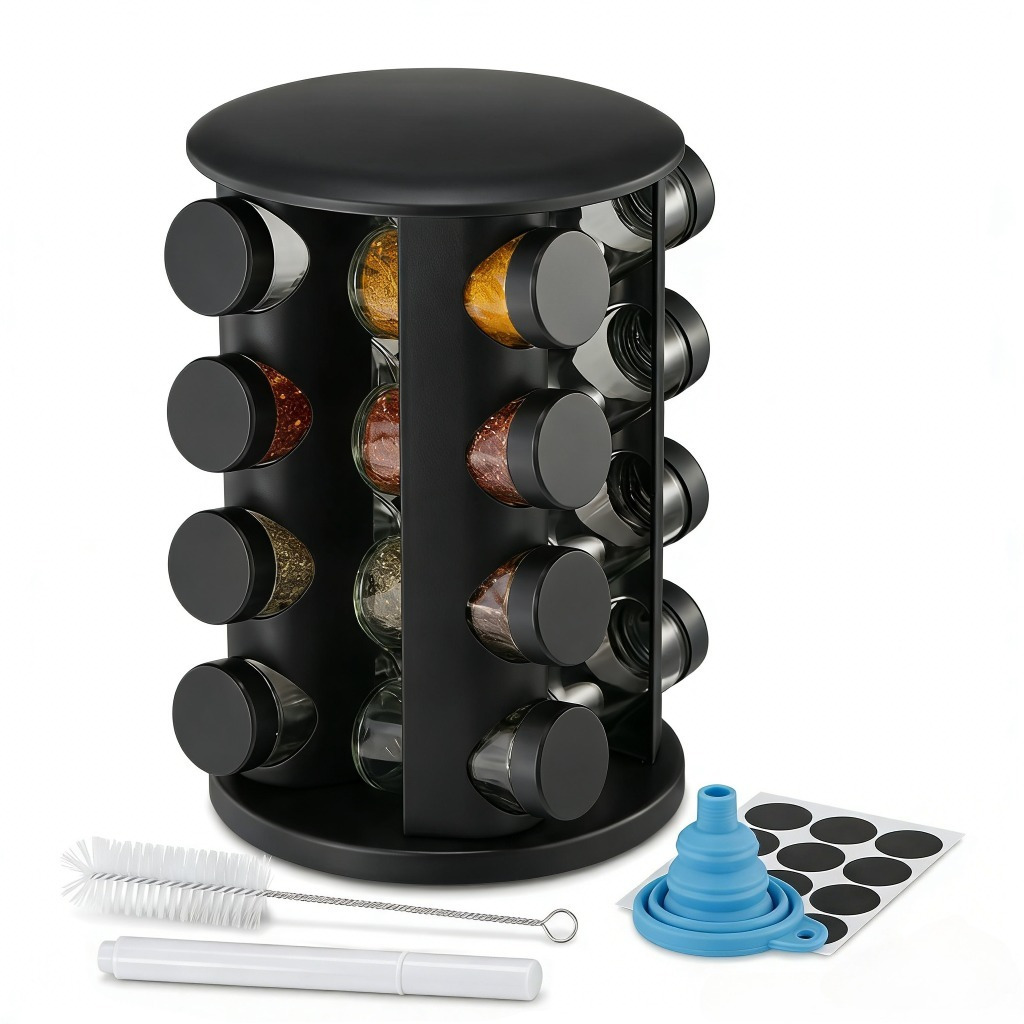 Image of ® 360° Rotating Spice Rack Kitchen Organizer Spice Carousel With 16 Glass Jars, Including Silicone Funnel, Labels & Cleaning Brush, Space- Spice Storage System, Countertop Organization System