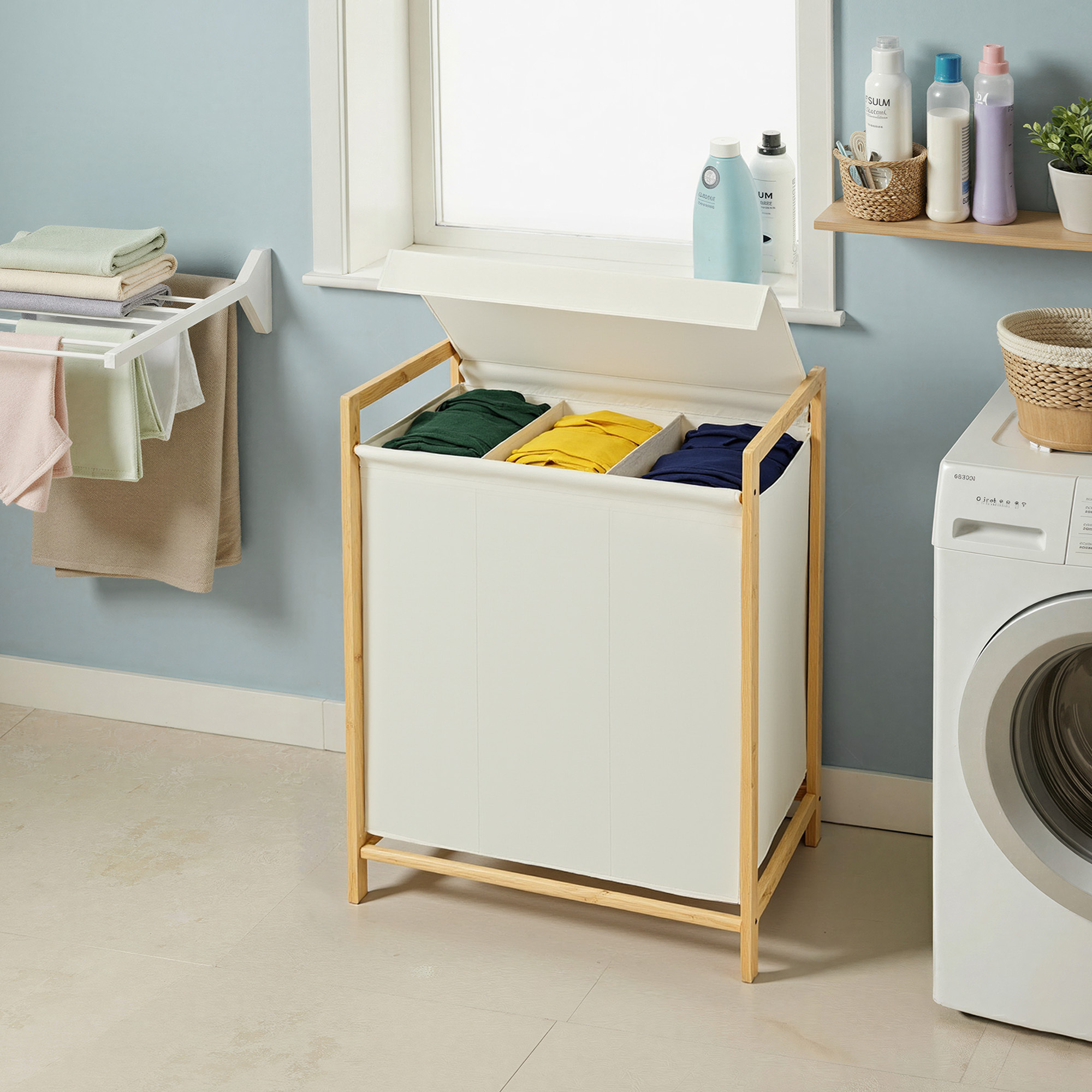 TEMU Cestino portabiancheria con , 3 scomparti Cestino portabiancheria con telaio in bamb羅, sacco portabiancheria rimovibile, 150 L, color crema