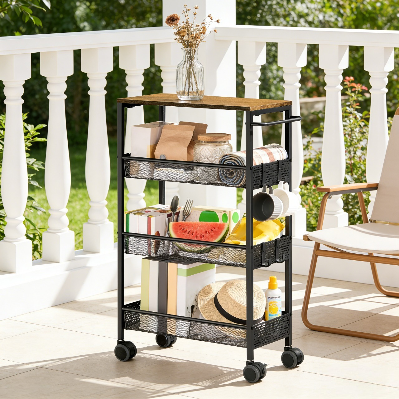 TEMU Costoffs Kitchen Trolley Wood & Metal 4-tier Lockable Rolling Storage Cart With Hooks & Handle Kitchen Island For Kitchen Bathroom Room