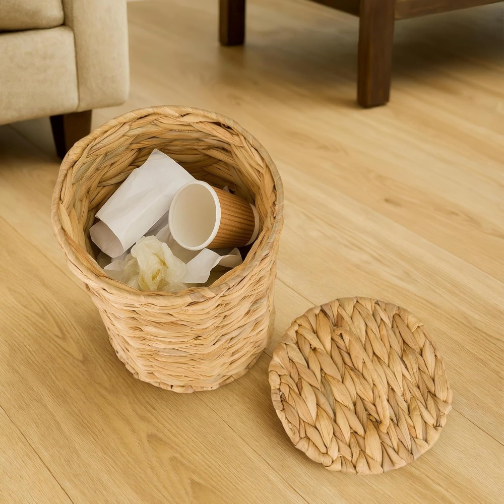 Image of Bohemian Waste Bin With Lid, Woven Paper Basket Made Of Wickerwork, Stylish Trash Can For Bedroom, Office, Bathroom & Laundry Room