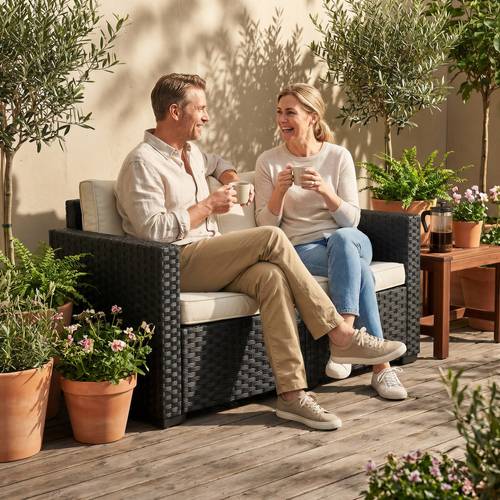 2 seater rattan sofa outdoor garden sofa with deep seat cushions and wide armrests all weather small furniture loveseat for patio balcony porch black
