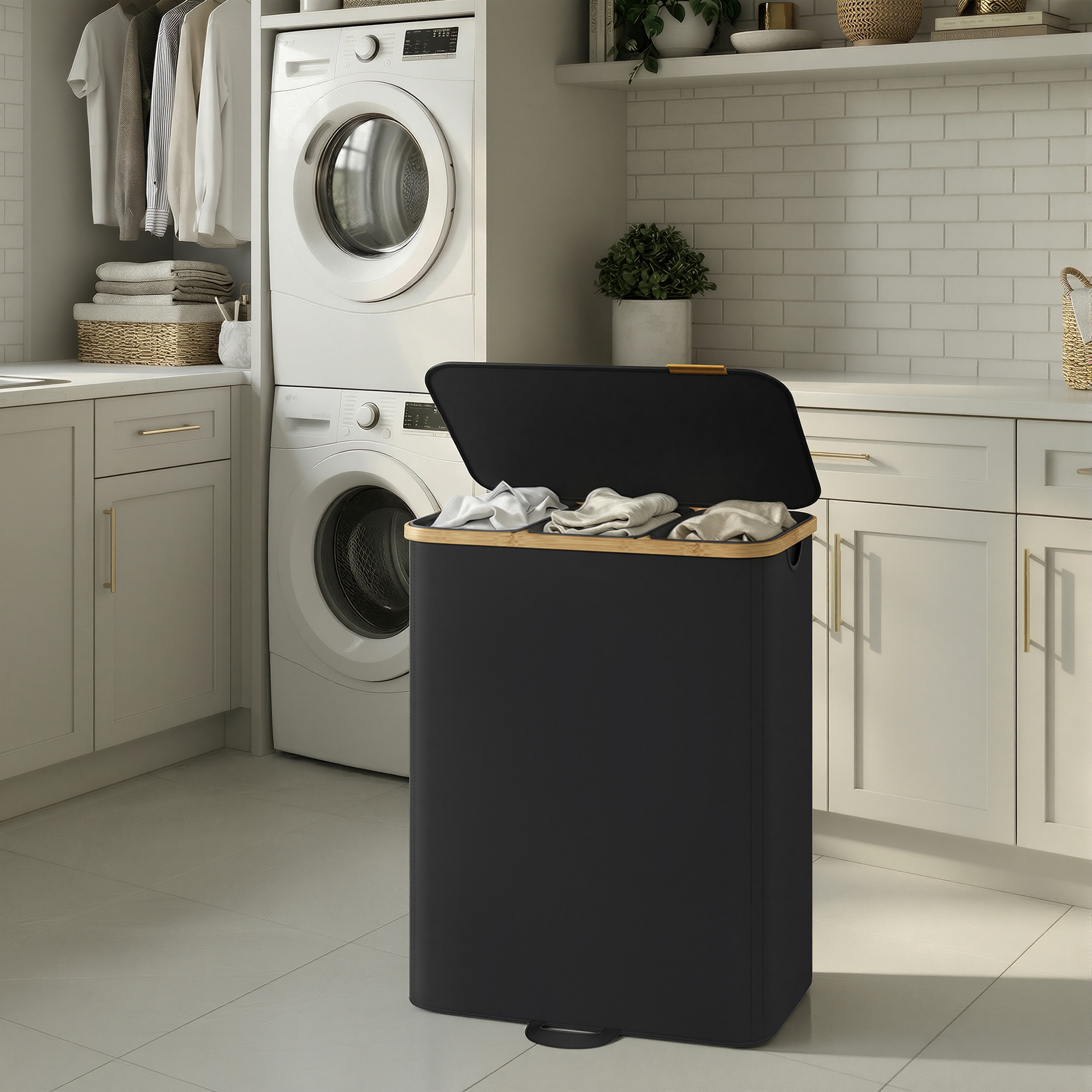 Laundry Basket With Lid, Laundry Collector, Laundry Sorter, Removable Laundry Bag, 3 Compartments, 170 , Black