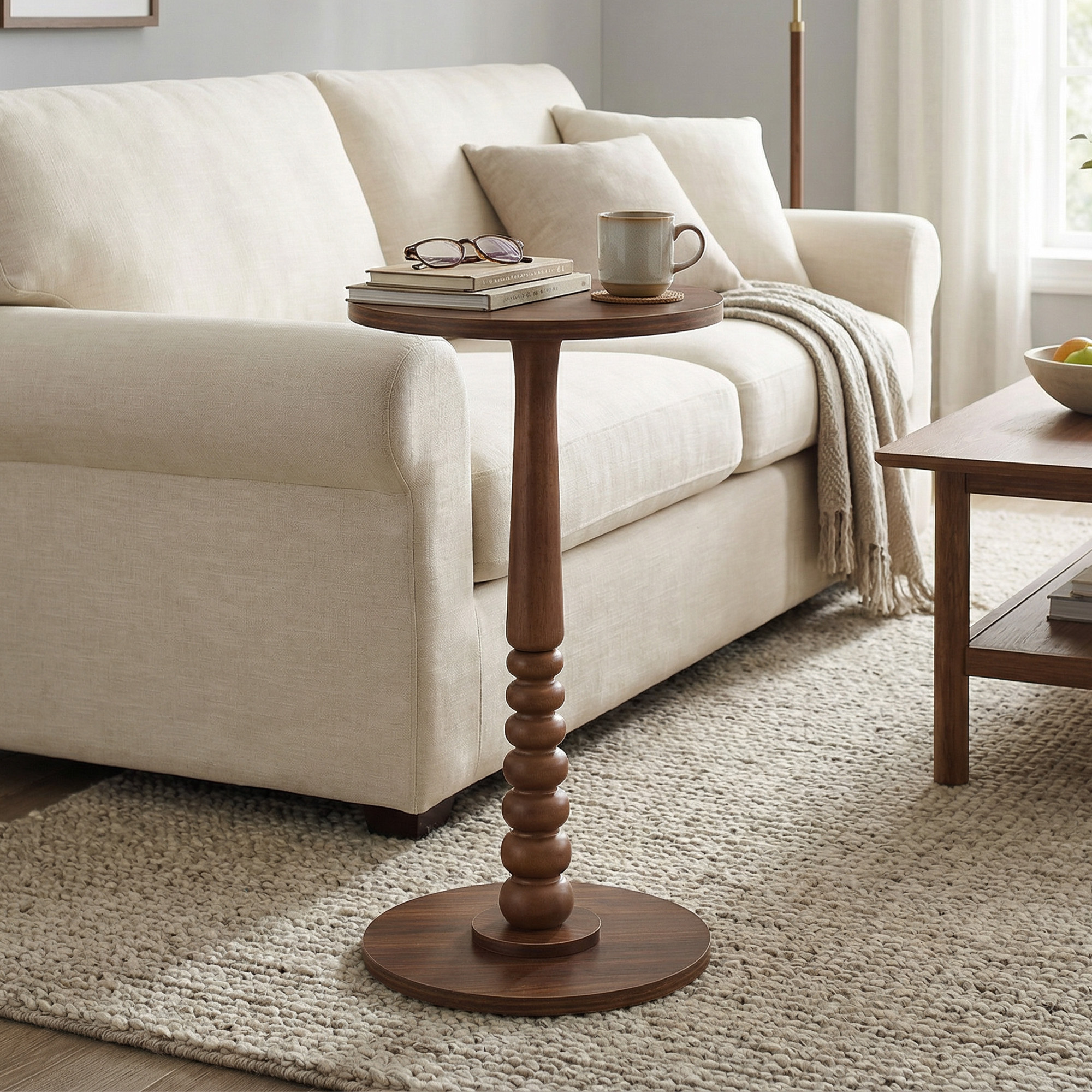 Round Coffee Table With Solid Wood Legs, Bedside Table, Side Table For Bedroom, Living Room, Brown
