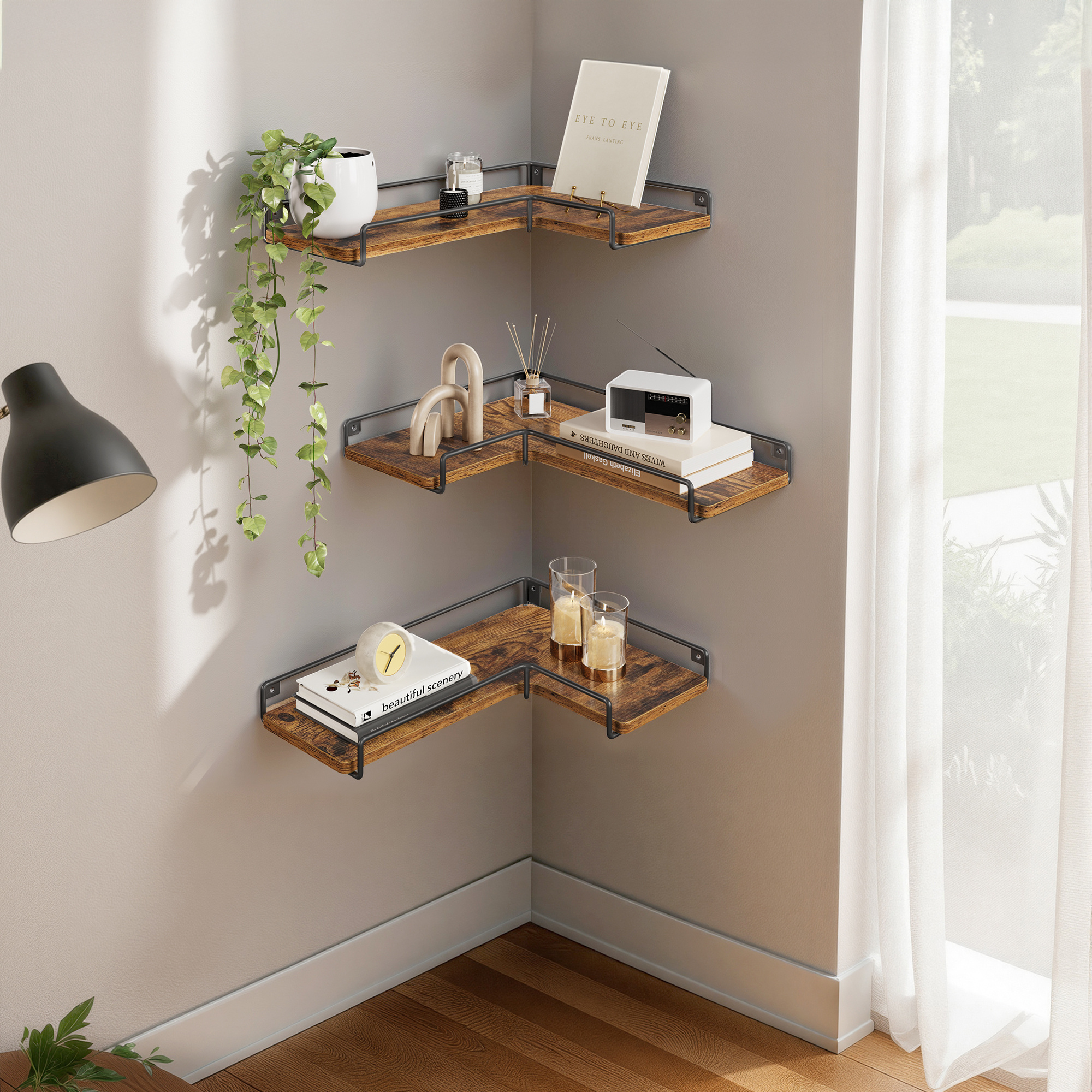 E-shop L-förmiges Eckregal, 3er Set, Wandregal, Wohnzimmer, Schlafzimmer, Küche, braun