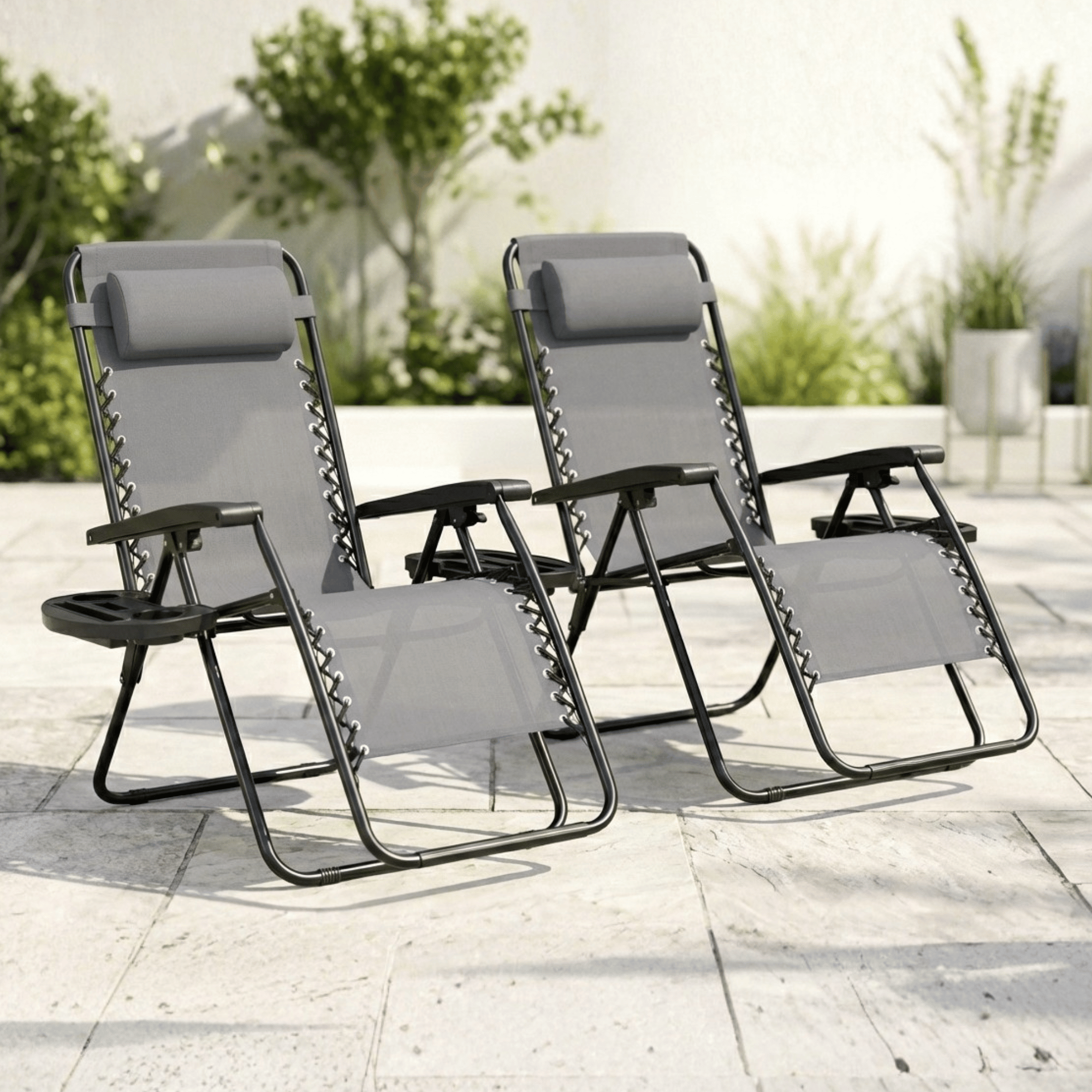TEMU Garden 0 Gravity Chair Set Of 2 – Heavy Duty Textoline Reclining & Folding Sun Loungers With Cup Holder And Headrest Pillow – Outdoor Patio