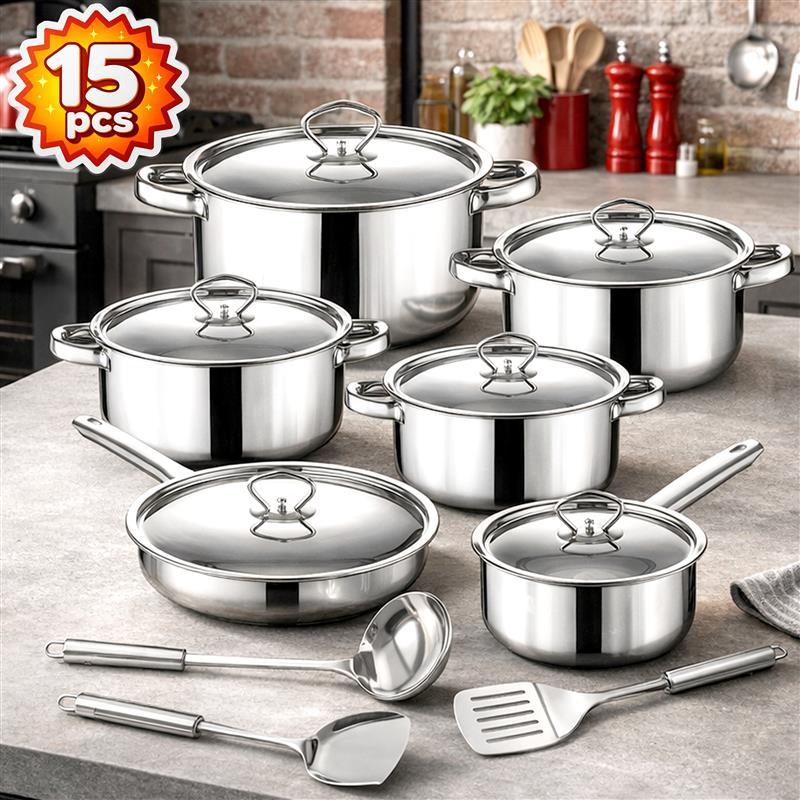 E-shop Kochgeschirr-Set, Retoo , Edelstahl-Kochgeschirrset, 15-teilig, Pfannen, Schöpflöffel, Deckel, Edelstahl, kompatibel mit Gas-, Elektro- und