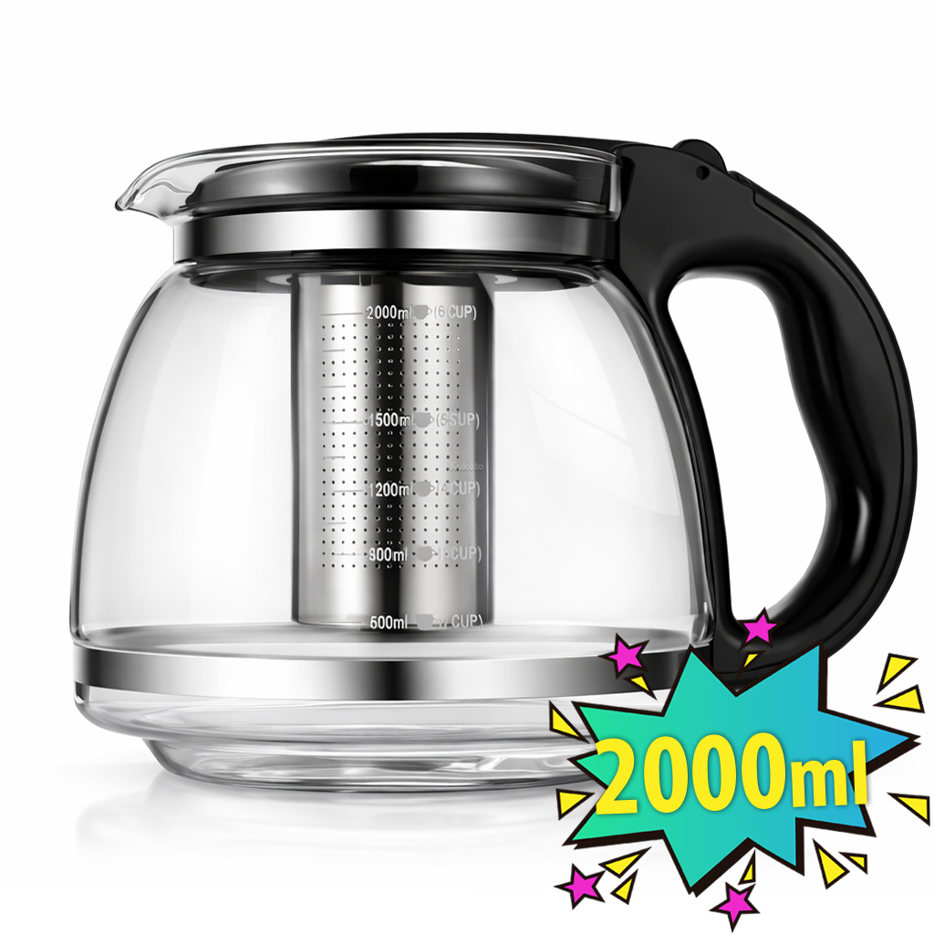 E-shop Teekanne - 2L Glas, hitzebeständig, mit Edelstahl-Sieb und Deckel - Elegante Teekanne mit Sieb zum Ziehen von Blättern, Kräutern, loseem Tee und