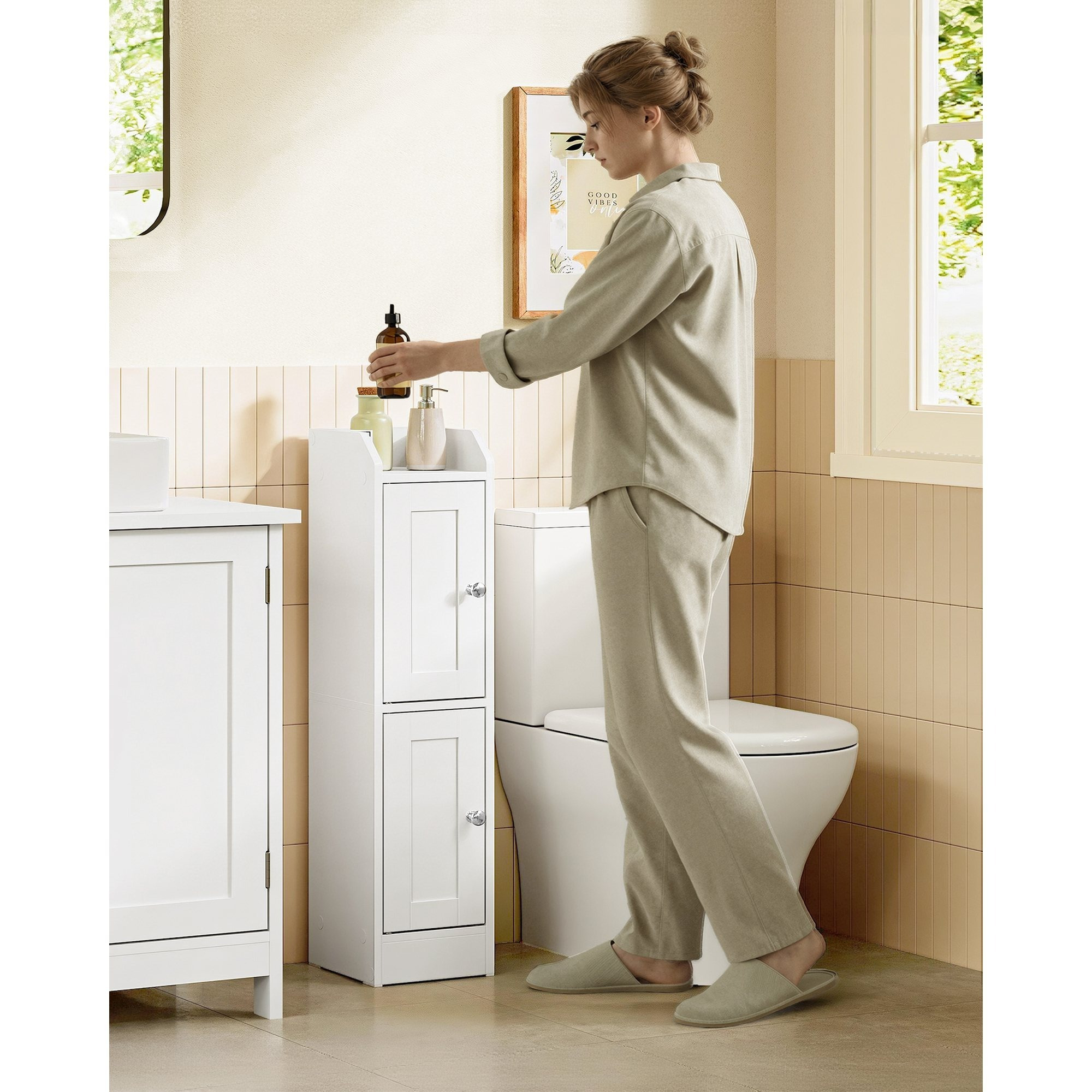 Narrow Tall Cabinet, Bathroom Cabinet, With Adjustable Shelves, Bathroom Cabinet For Bath, Country Style, White