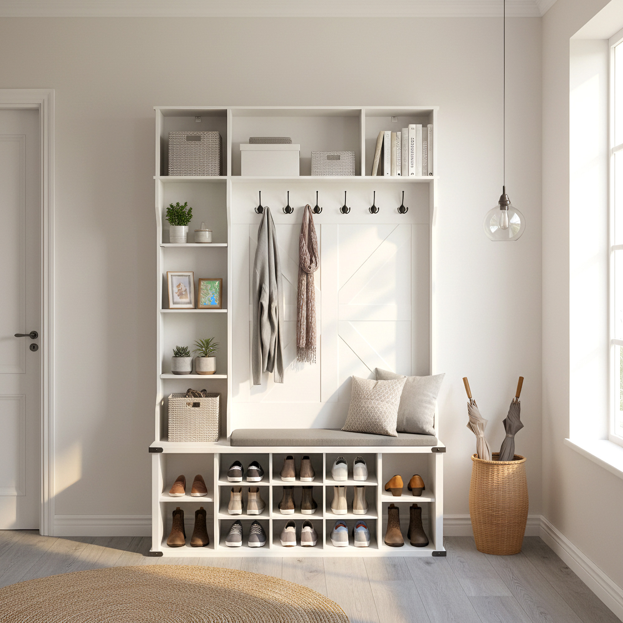 Coat Rack, Entryway, With Shoe Rack, 20 Open Compartments, 6 Triple Hooks, Farmhouse Style, Freestanding, For Hallway