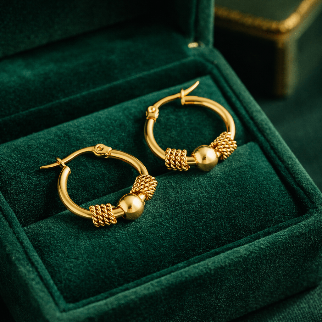 Image of Gold-plated Hoop Earrings For Women With Ball And Twisted Design, Elegant Small Gold-colored Hoop Earrings, Modern Lightweight And Ear Jewelry For Everyday, Party, And Gift Idea For Women