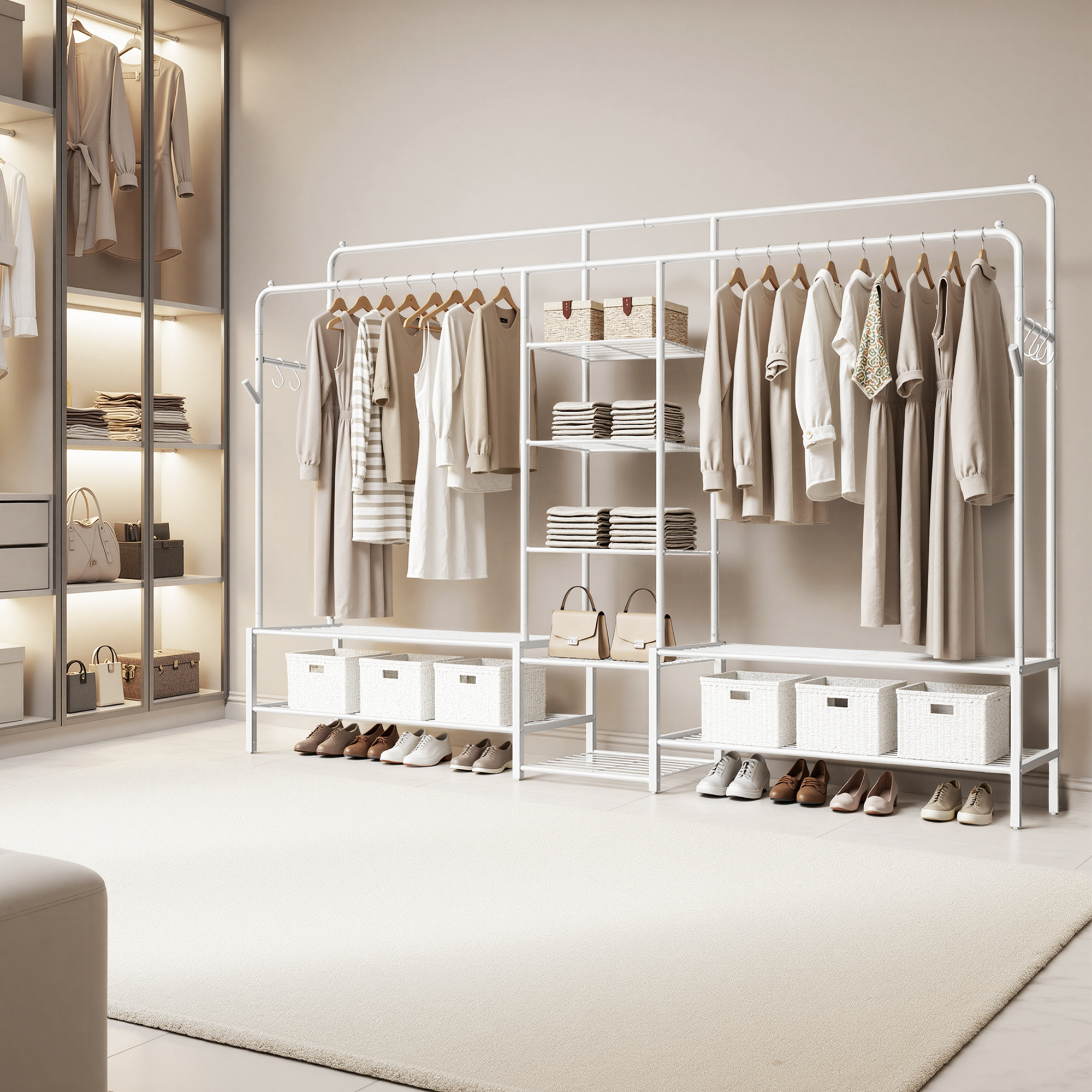 Image of Clothing Racks, Open Wardrobe, Coat Rack With 9 Compartments, Metal Frame, White