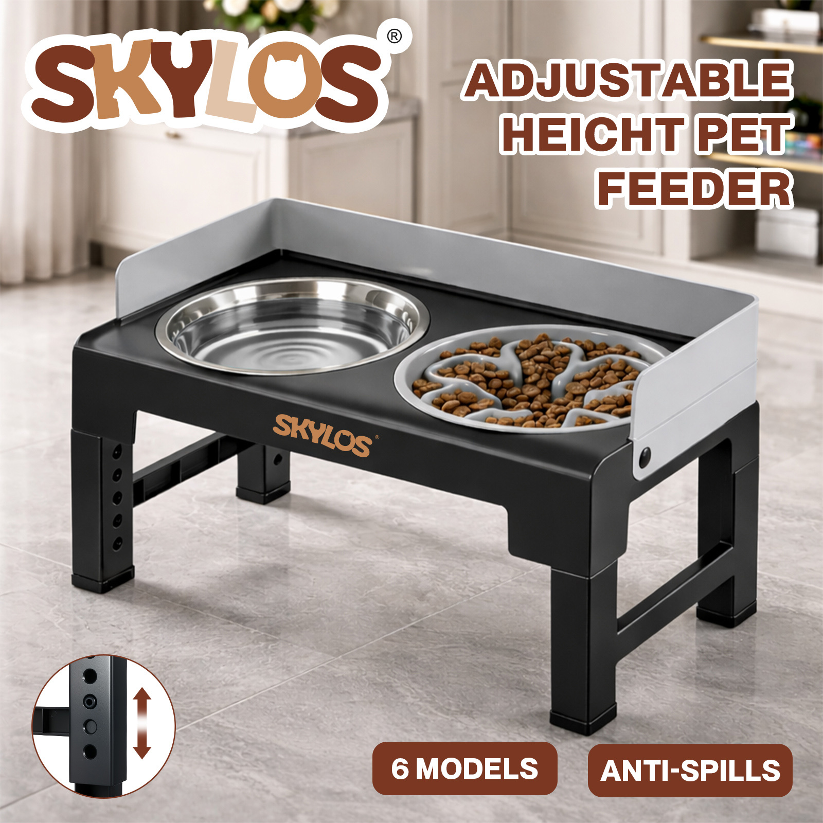 TEMU Raised Dog Bowls, Elevated Pet Feeder With 6 Adjustable (8-30cm), 10° Tile Slow Feeder & Stainless Steel Bowls & Spill-resistant Guard, Foldable