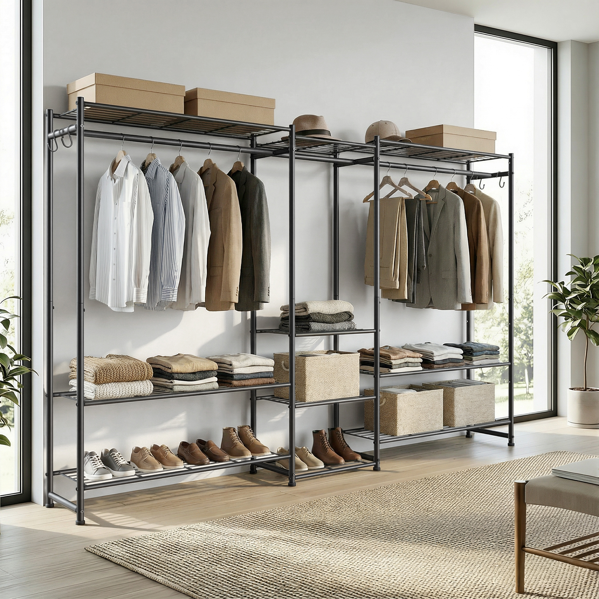 E-shop Garderobenständer mit Metallrahmen, offener Kleiderschrank, 10 Ablagen, 3 Kleiderstangen, schwarz