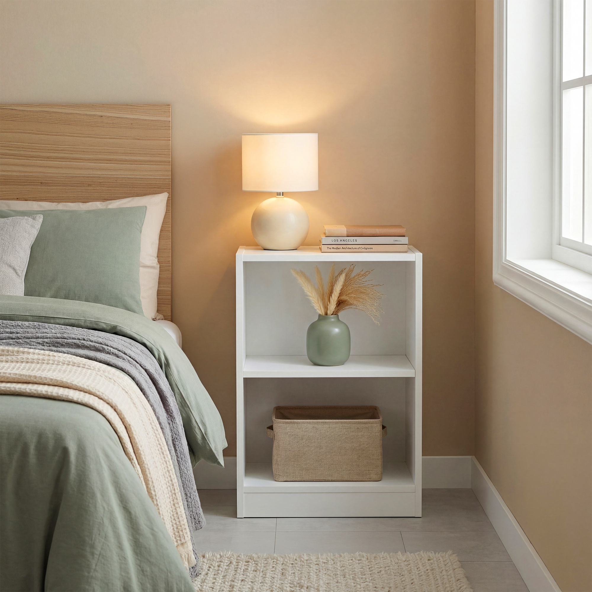 Side Table With Flexible Shelf, Nightstand With Open Compartments, For Living Room, Bedroom, White