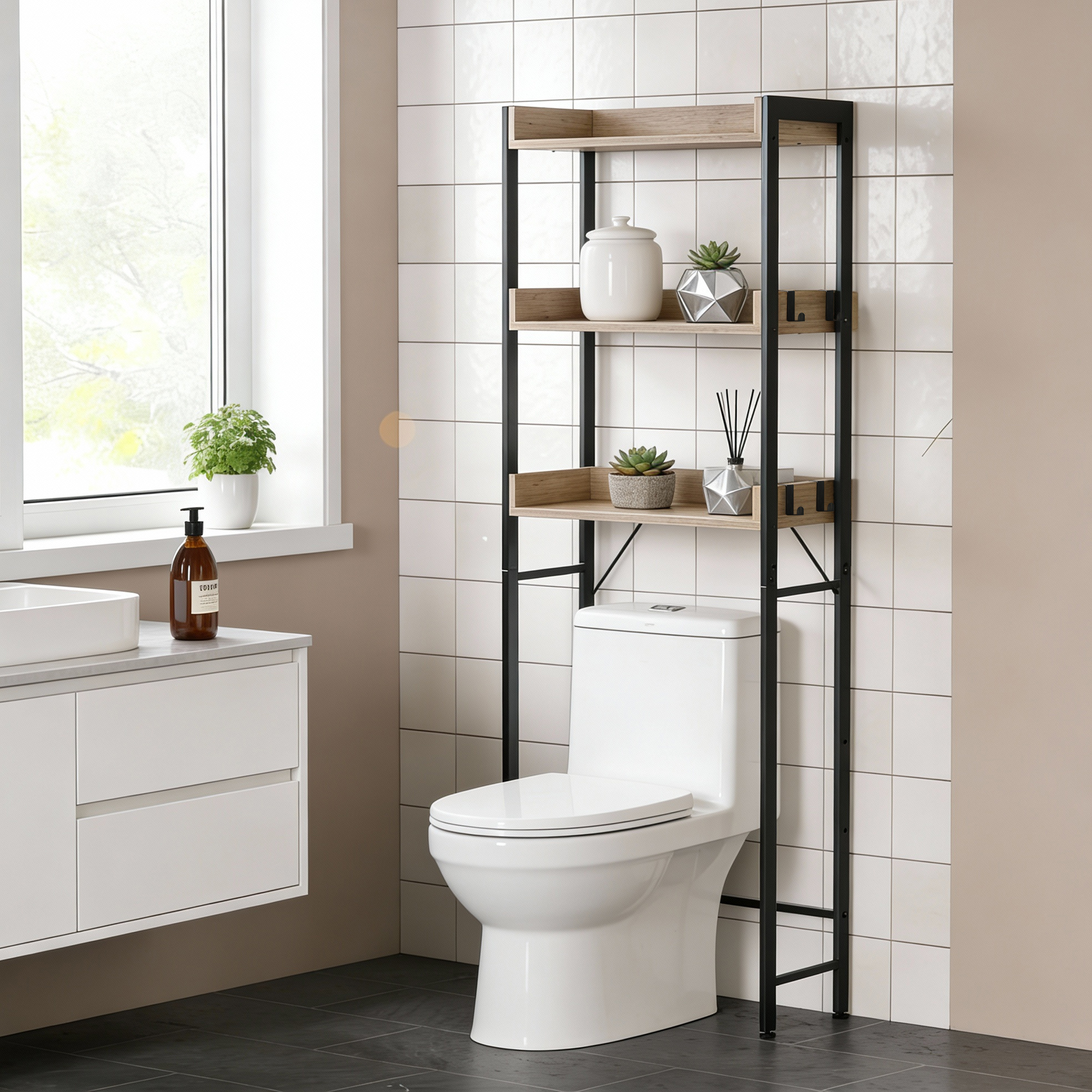 Three-tiered Toilet Brush Holder In Light Ivory Space- Storage Rack Easy Assembly Laundry Room Industrial Style