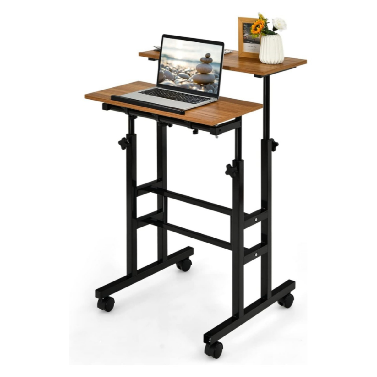Rolling Standing Desk, Height Adjustable Laptop Cart With Desktop, Hanging Hooks, Universal Wheels