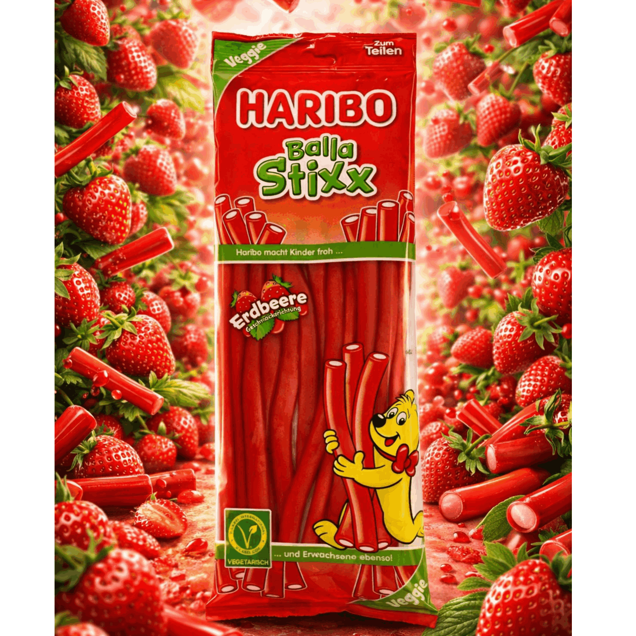 Image of Haribo Balla Stixx Strawberry Veggie 200 G - Fruit Gum Sticks Strawberry Flavor Vegetarian Sweets Snack