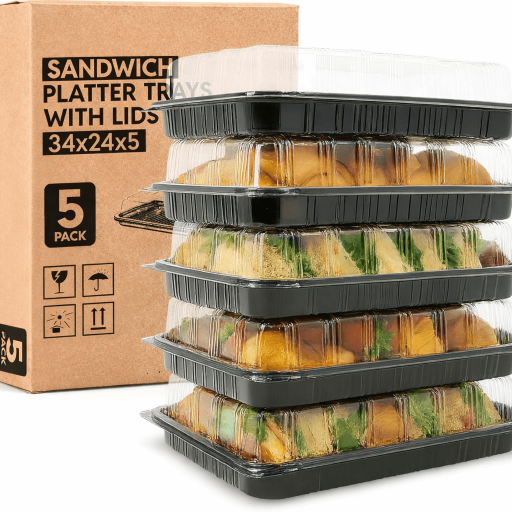 TEMU 5-pack Reusable Sandwich & Buffet Platter Trays With Lids (34x24x5cm) – Heavy-duty Serving Trays For Catering, Parties & Meal Prep – Microwave &