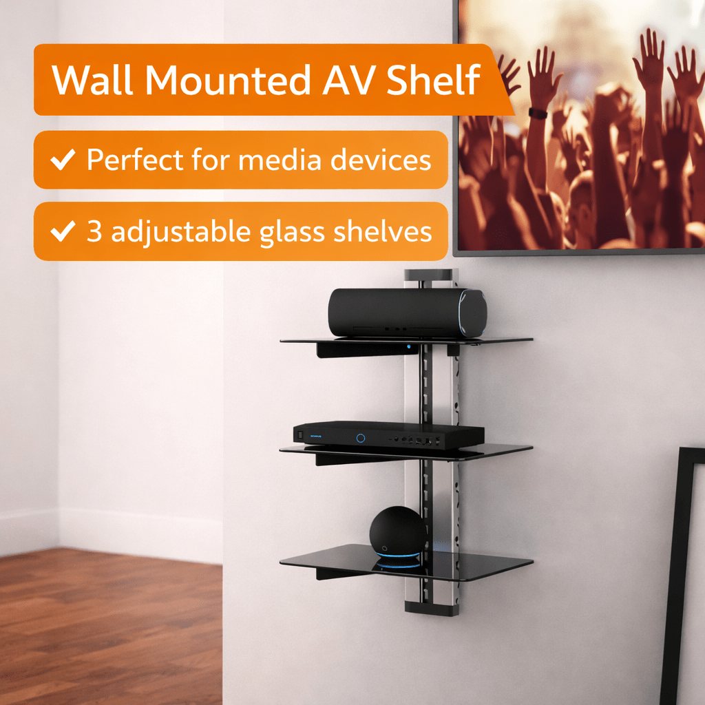 Wall Mounted 3 Tier Tempered Glass AV Shelf with Cable Management