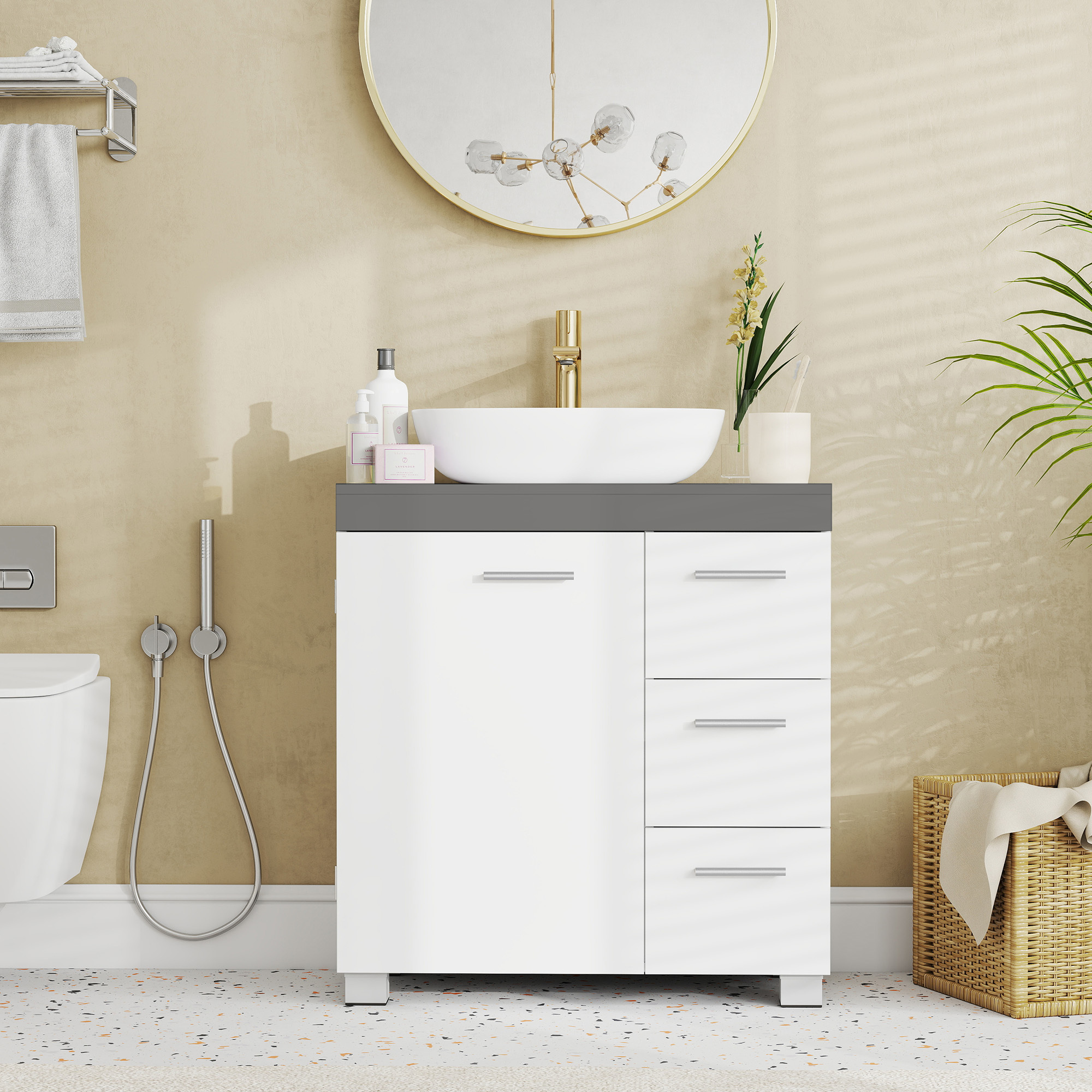 Bathroom Cabinet, 30 X 60 Cm, Sink Cabinet With Feet, White-gray