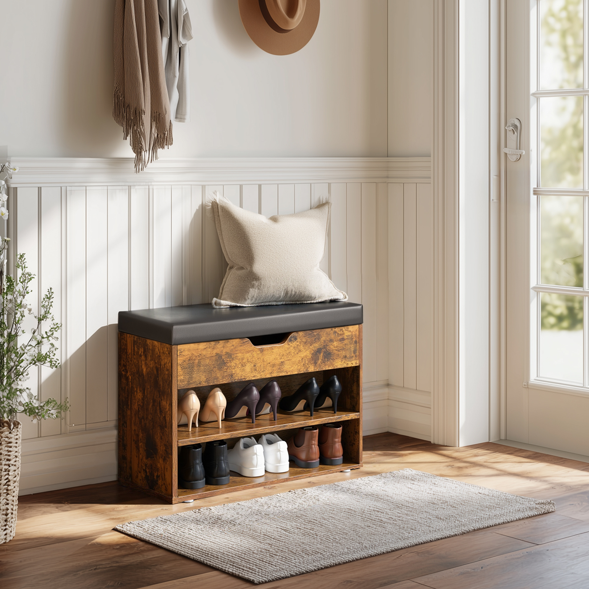 E-shop Schuhhocker, Schuhschrank, gepolstert, 3 Ebenen, schlicht und modern, geeignet für Flur, Wohnzimmer und Schlafzimmer, Retro Braun