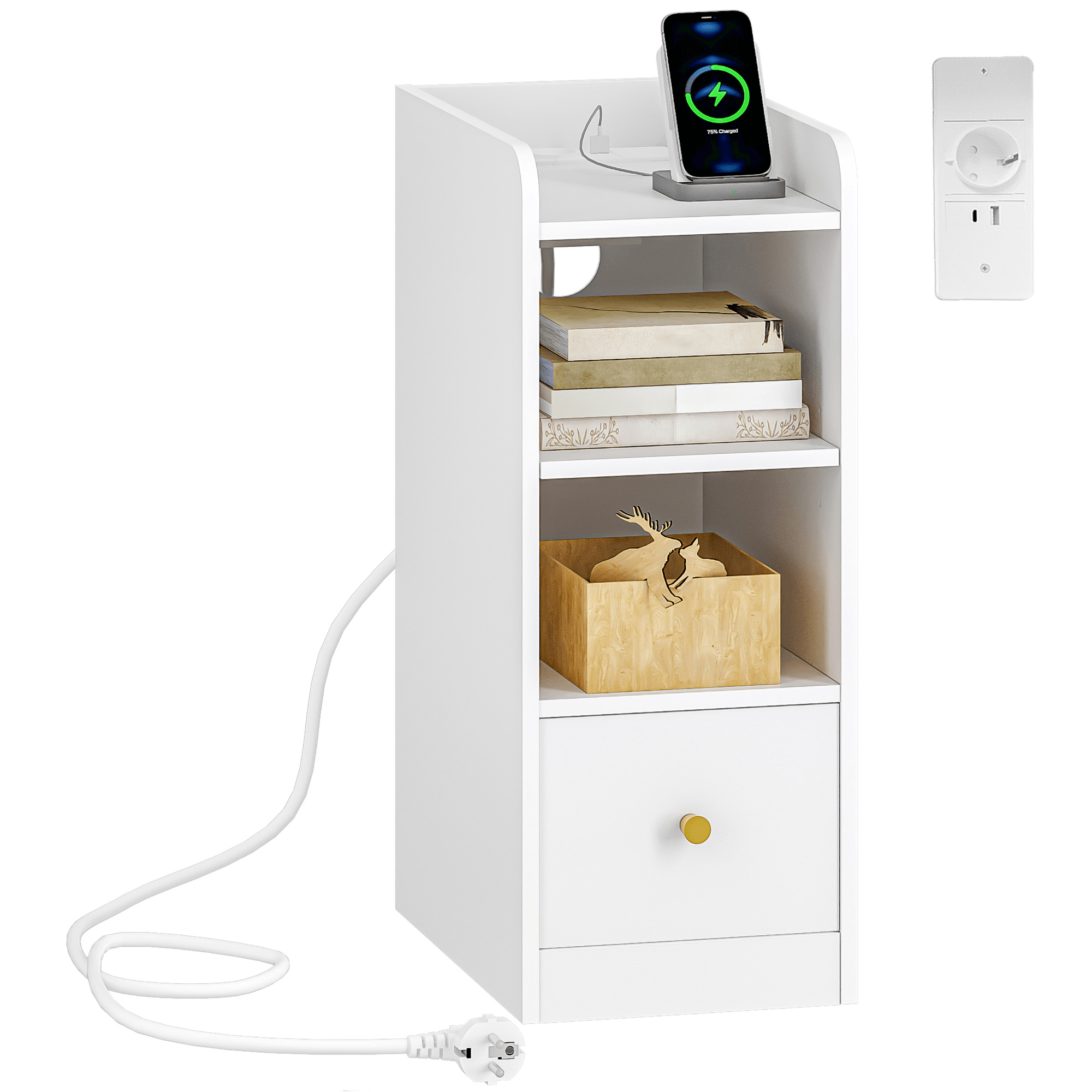 TEMU Comodino con Stazione di Ricarica, Porta USB e di Tipo C, Stretto, di Archiviazione a 3 Livelli con 1 , per Camera da Letto, Soggiorno