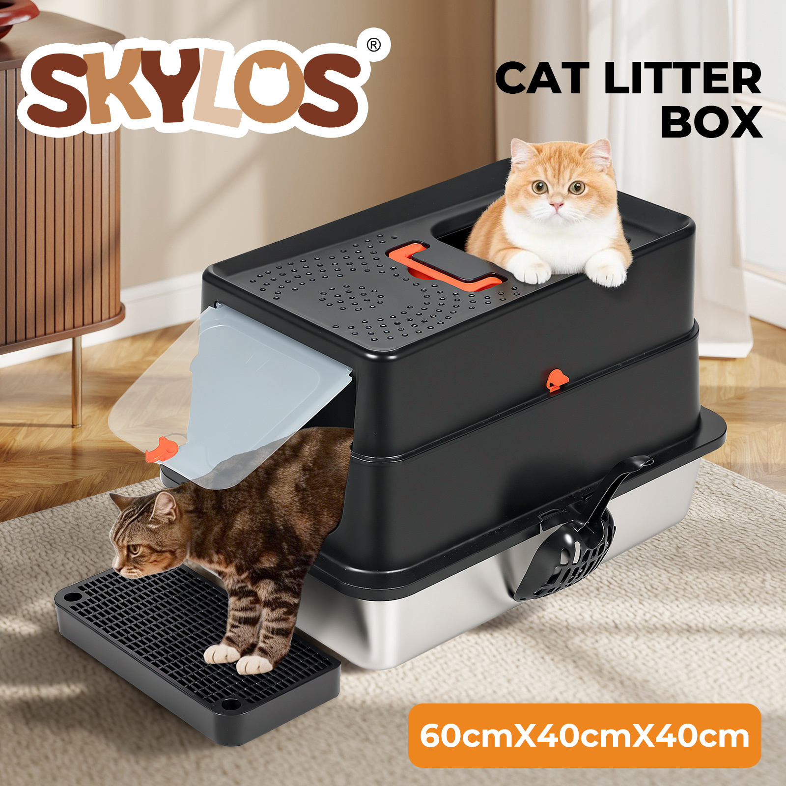 TEMU Large Stainless Steel Cat Litter Box, Extra Large 60cm Enclosed Toilet Tray With High Sides, Anti-tracking Step Pedal, Ventilation & For Large
