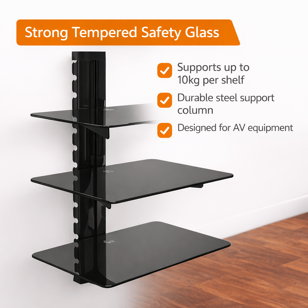 Wall Mounted 3 Tier Tempered Glass AV Shelf with Cable Management