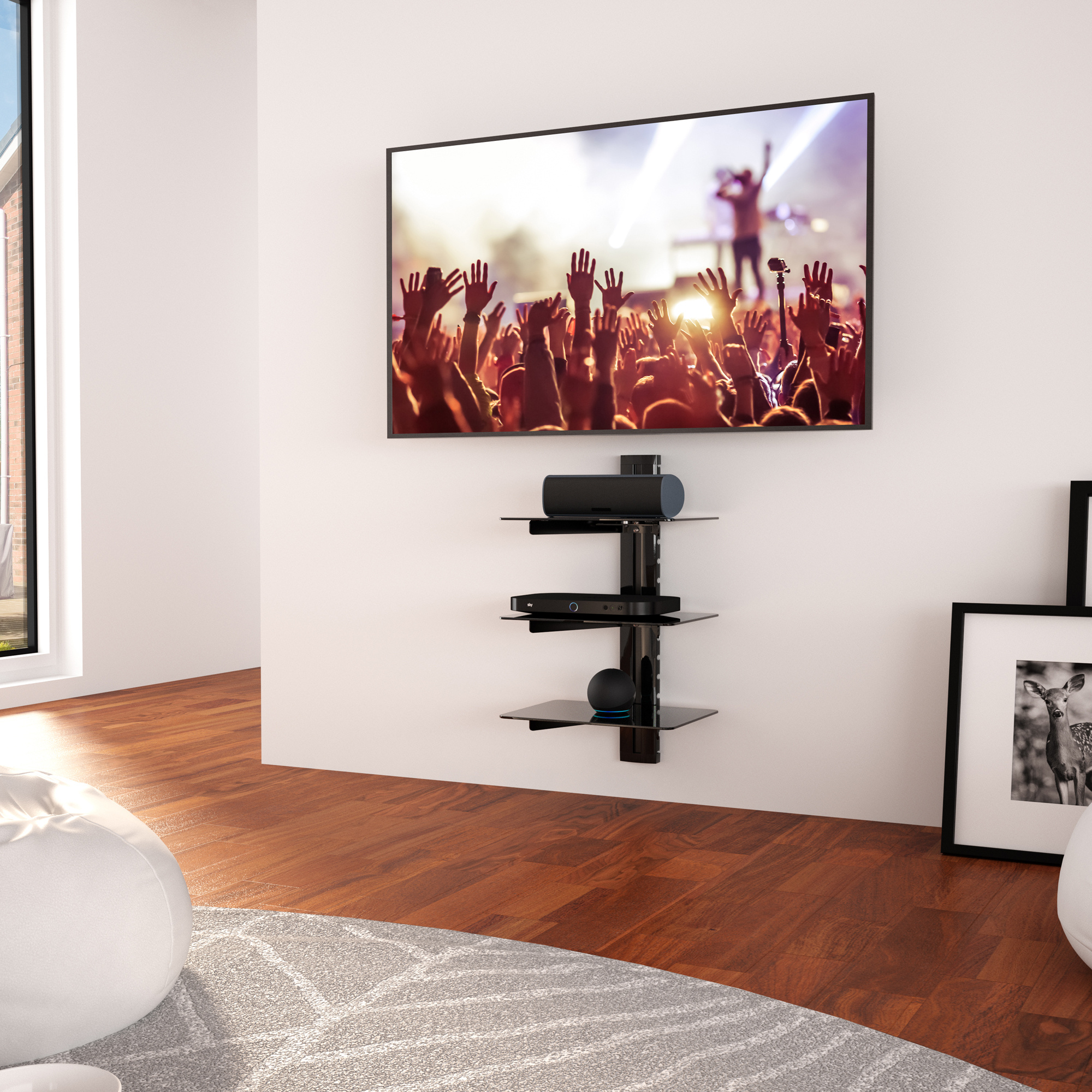 Wall Mounted 3 Tier Tempered Glass AV Shelf with Cable Management