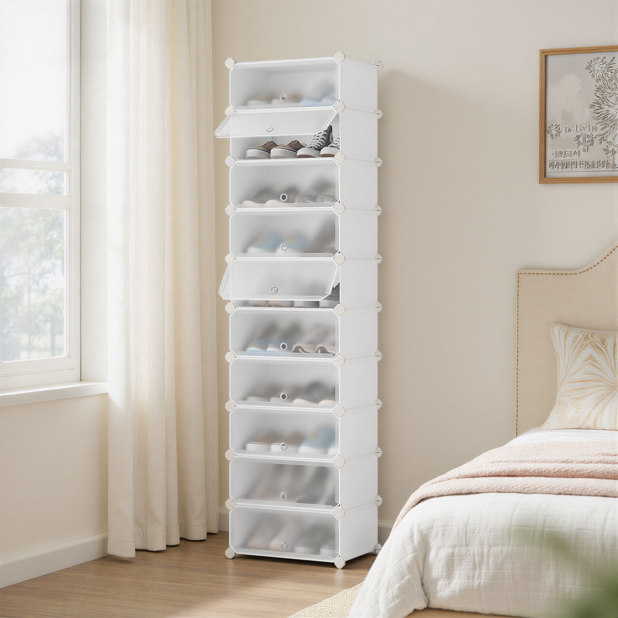 Image of Shoe Rack, Shelving System, Shoe Organizer, With Door, Plastic, 10 Levels, White