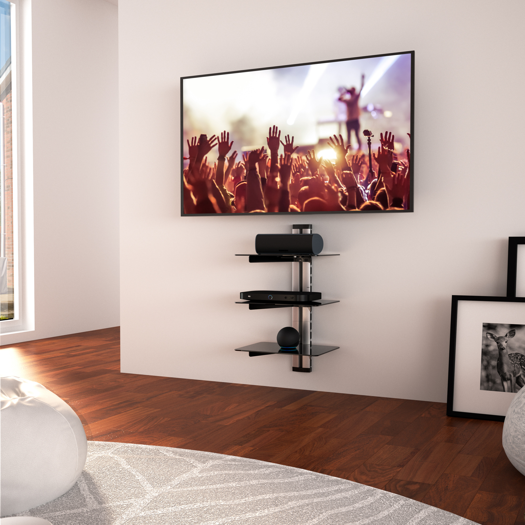 Wall Mounted 3 Tier Tempered Glass AV Shelf with Cable Management