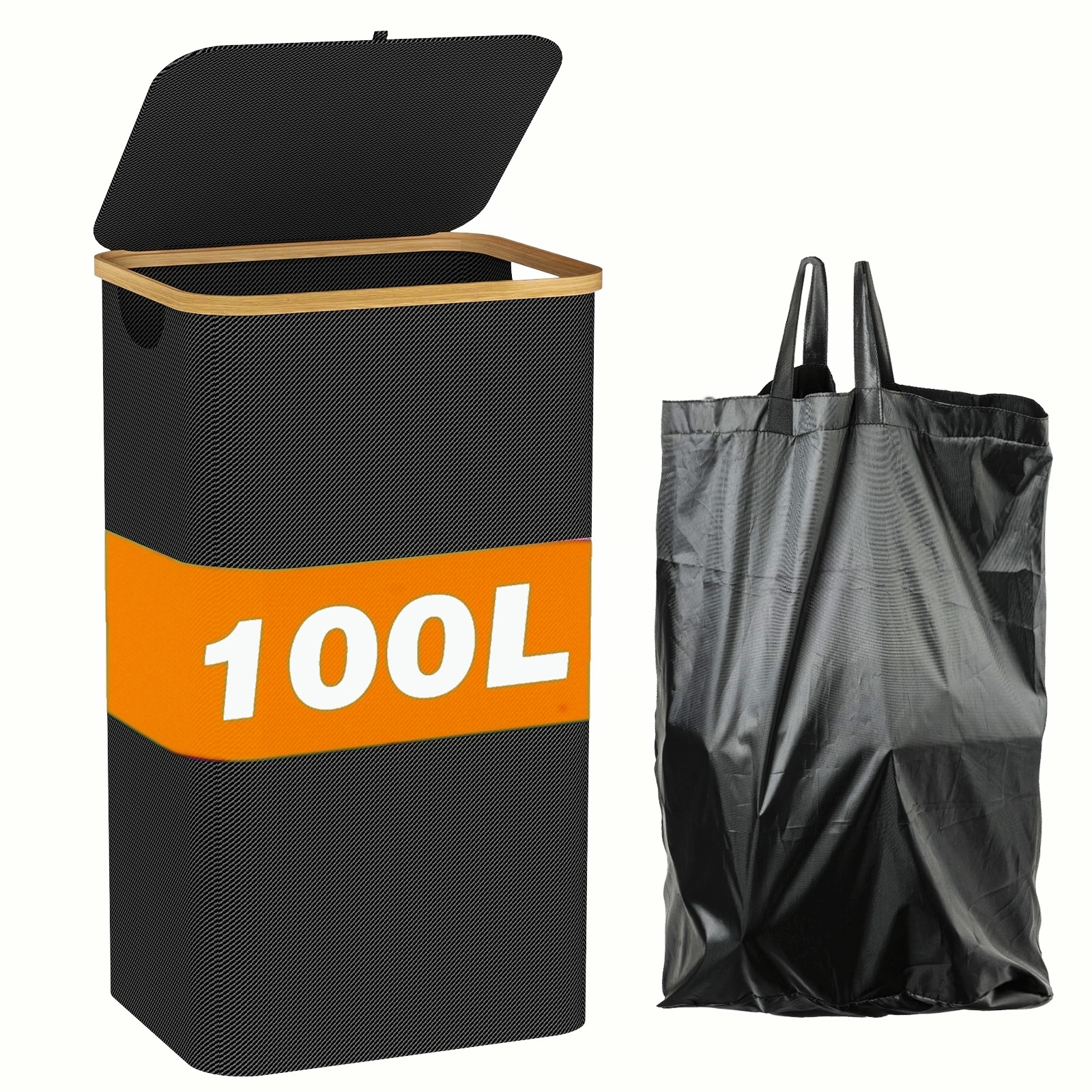 E-shop 100L Wäschekorb mit Deckel, Wäschekorb, Schmutzwäschekorb für die Wäsche mit abnehmbarem Wäschetasche