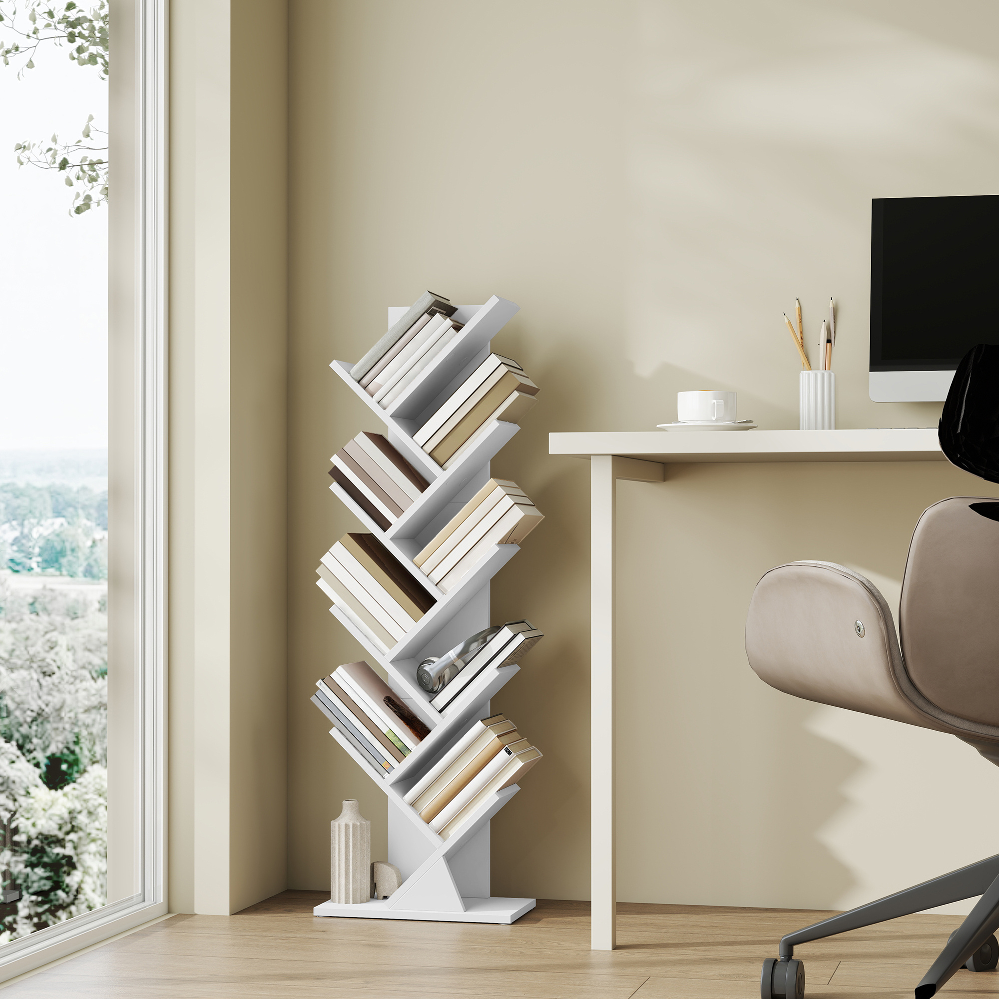 Bookshelf In Tree Shape, Bookcase, 20 X 38 X 115.2 Cm, White