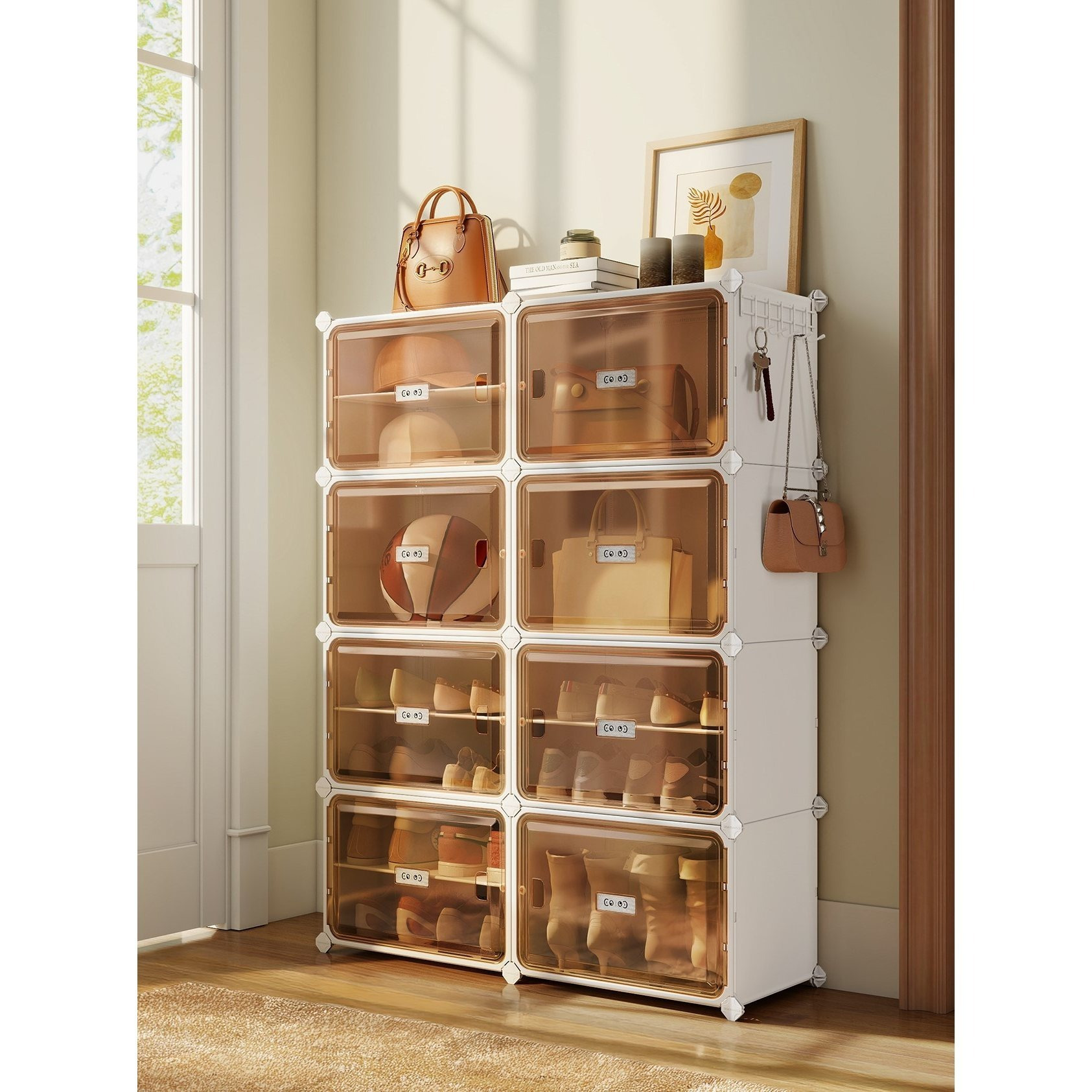 Image of Modular Cabinet Made Of White, Transparent Plastic With Compartments, Shoe Rack With Metal Frame, Space For Up To 32 Pairs Of Shoes, Dimensions Compartment: 30 X 45 X 30 Cm, , , Transparent Brown.