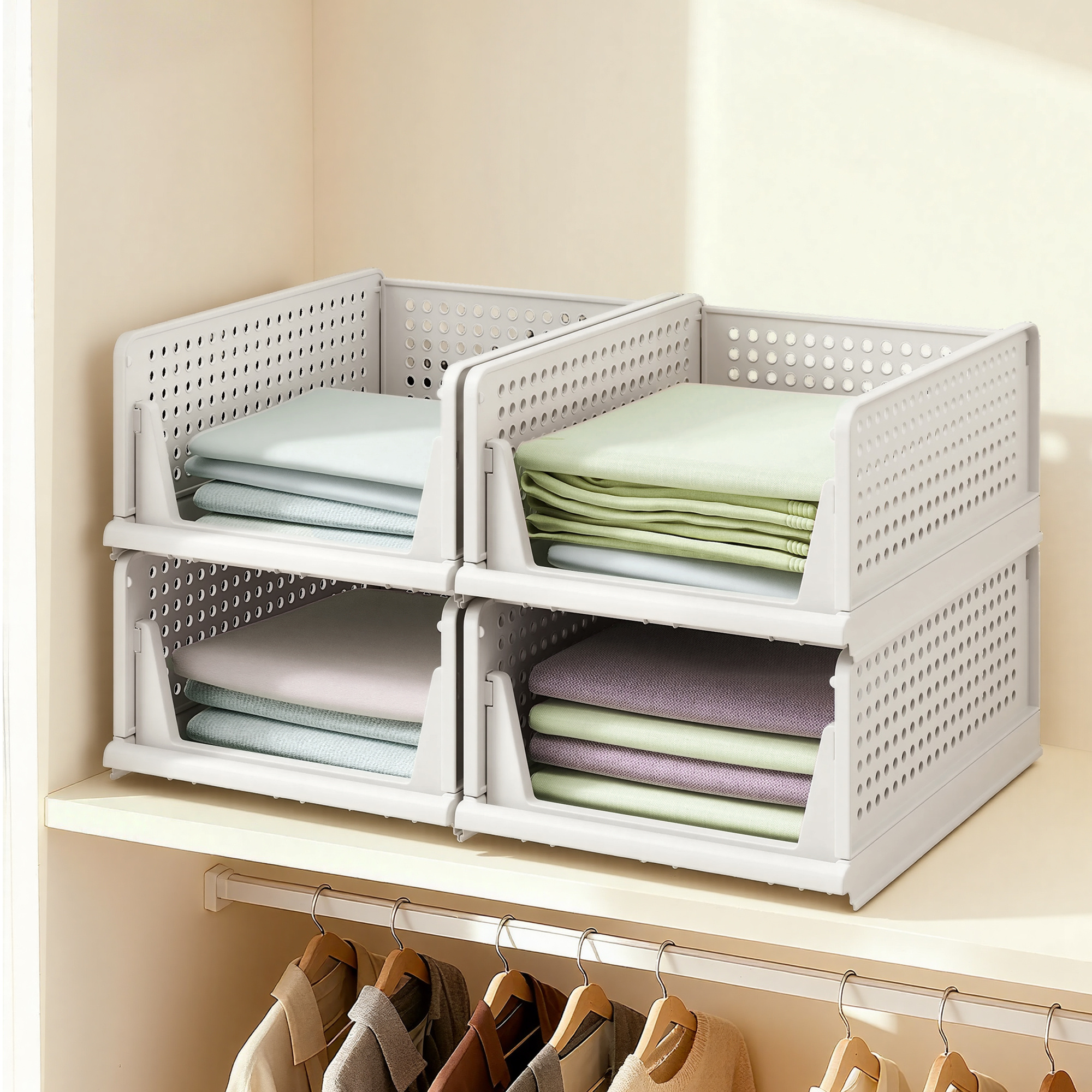 Foldable Closet Organizer, Stackable Wardrobe Organizer, Pull-out Basket 4-piece Set, White