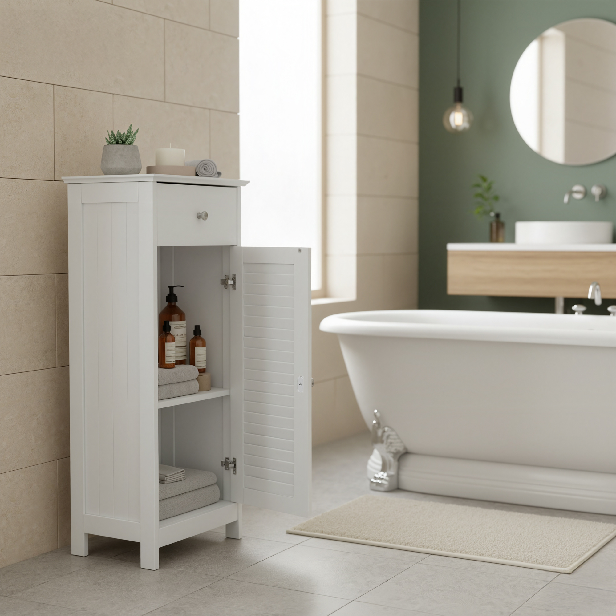 Single-drawer Column Base Cabinet Wood Composite Cabinet White Suitable For Bathrooms And Environments 23.6 Inches
