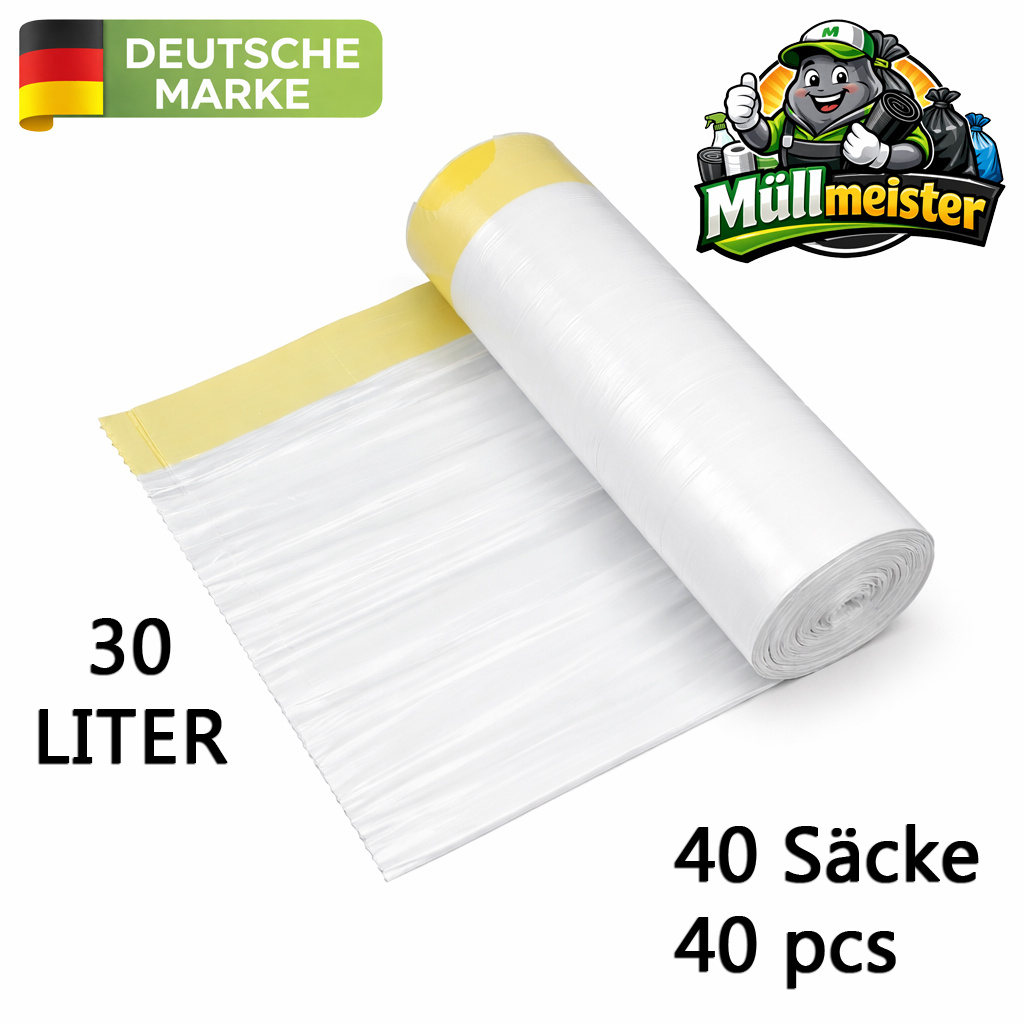 Image of 40 Trash Bags With Zip Tie | 30 | 40pcs Per Roll | 50 X 60 Cm | Tear-resistant & Liquid-tight | Trash Bags | Garbage Bags | Draw String Bags | Garbage Bags | For Household, Garden, Waste.