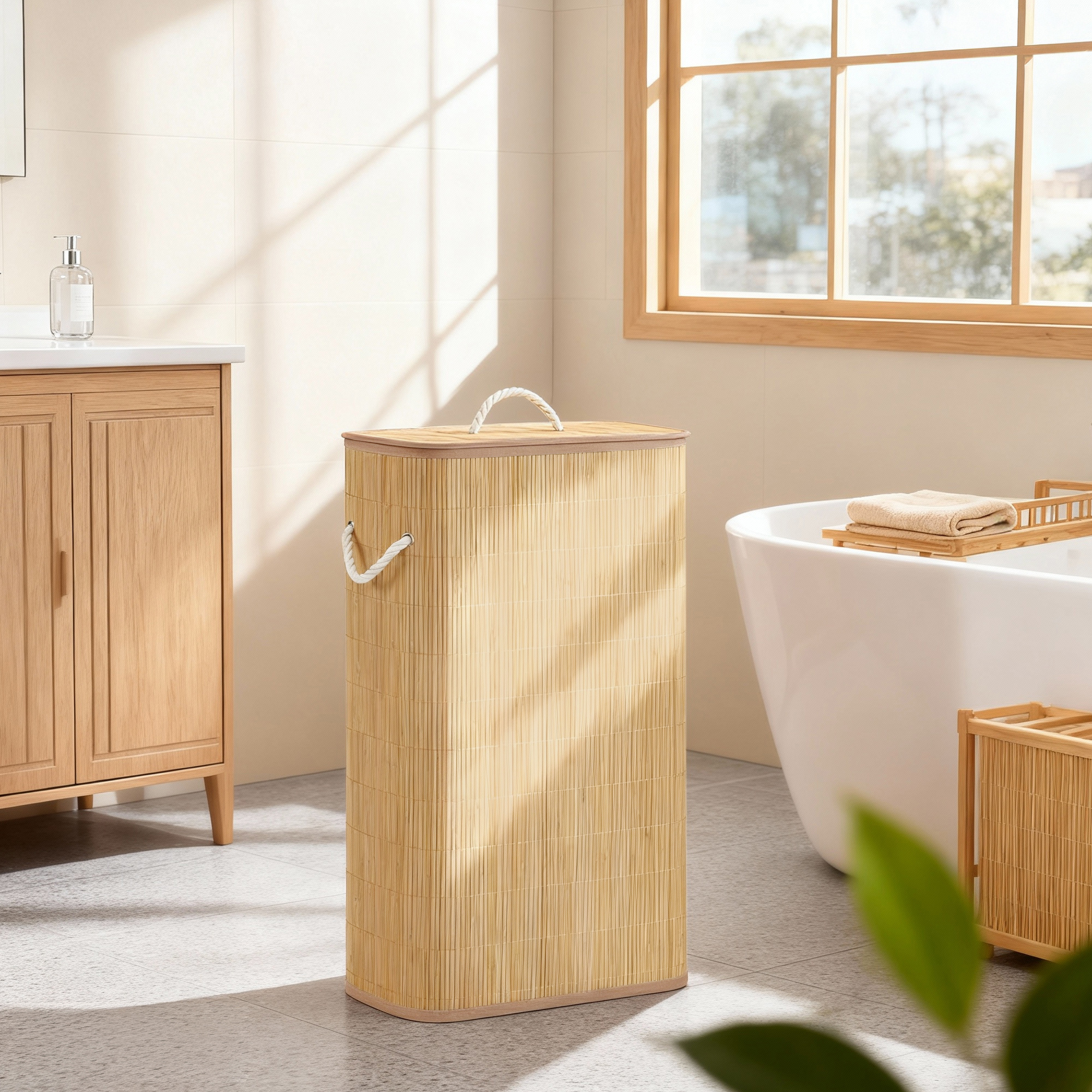 Image of Laundry Basket With Lid, 60l, Bamboo Laundry Collector, Rectangular, Foldable