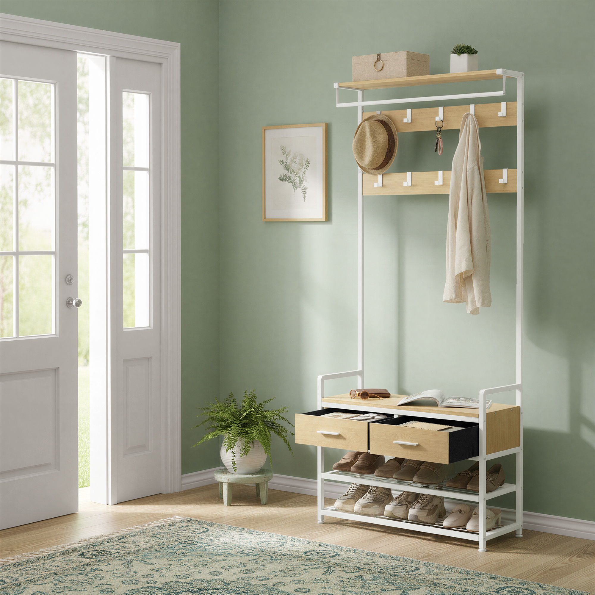 Wardrobe With Shoe Bench, Shoe Storage, 2 Drawers, 30 X 80.4 X 181.6 Cm, -white