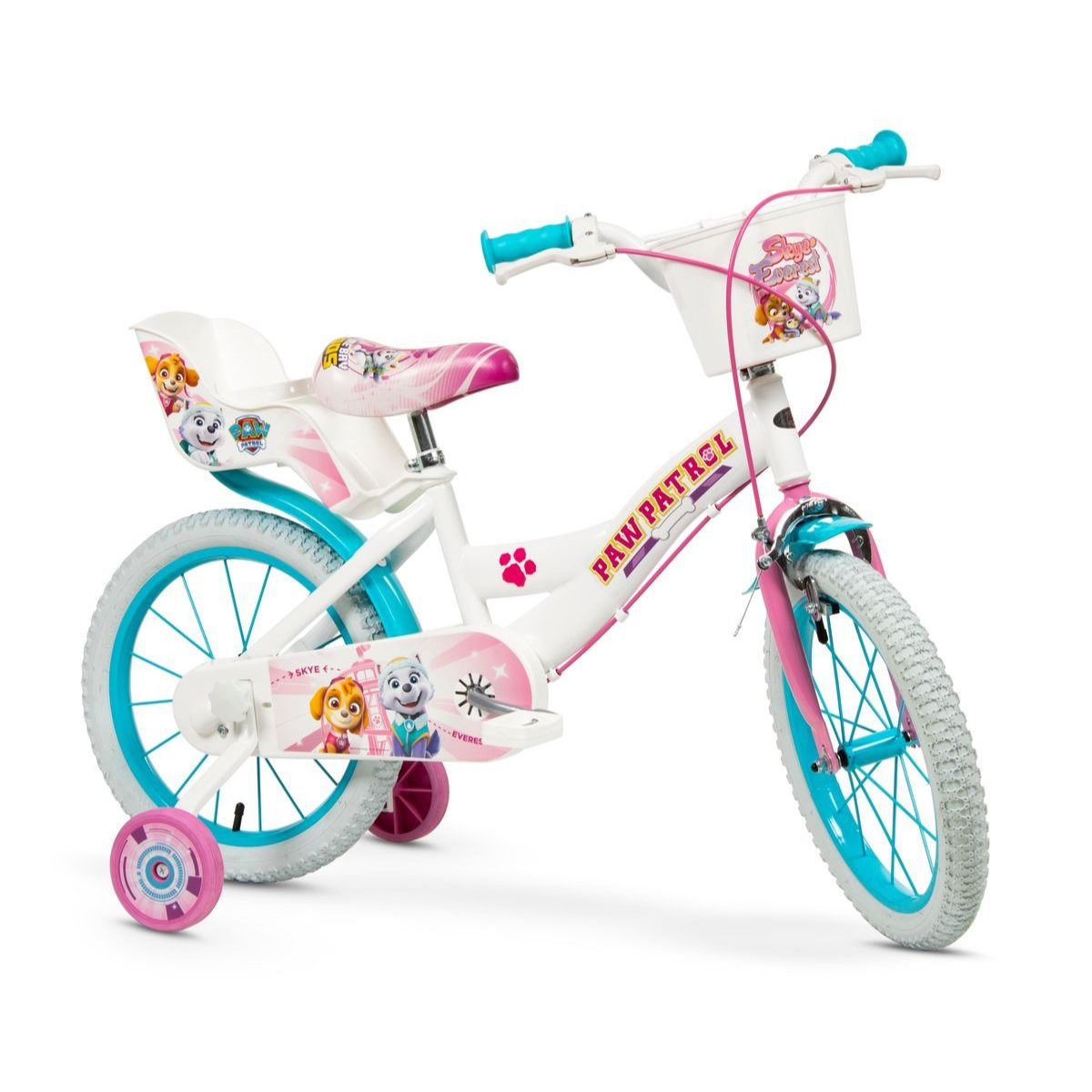 Image of 16-inch Kids' Girls' Bicycle With Rim Brakes, , Mudguards, Training Wheels, Doll Seat, And Basket - White 1681