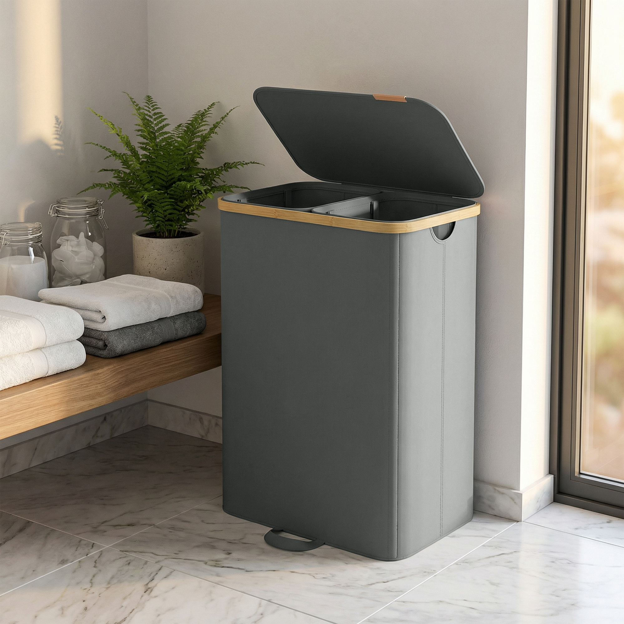 Image of Laundry Basket With Lid, Laundry Collector, Laundry Sorter, Removable Laundry Bag, 2 Compartments, 150