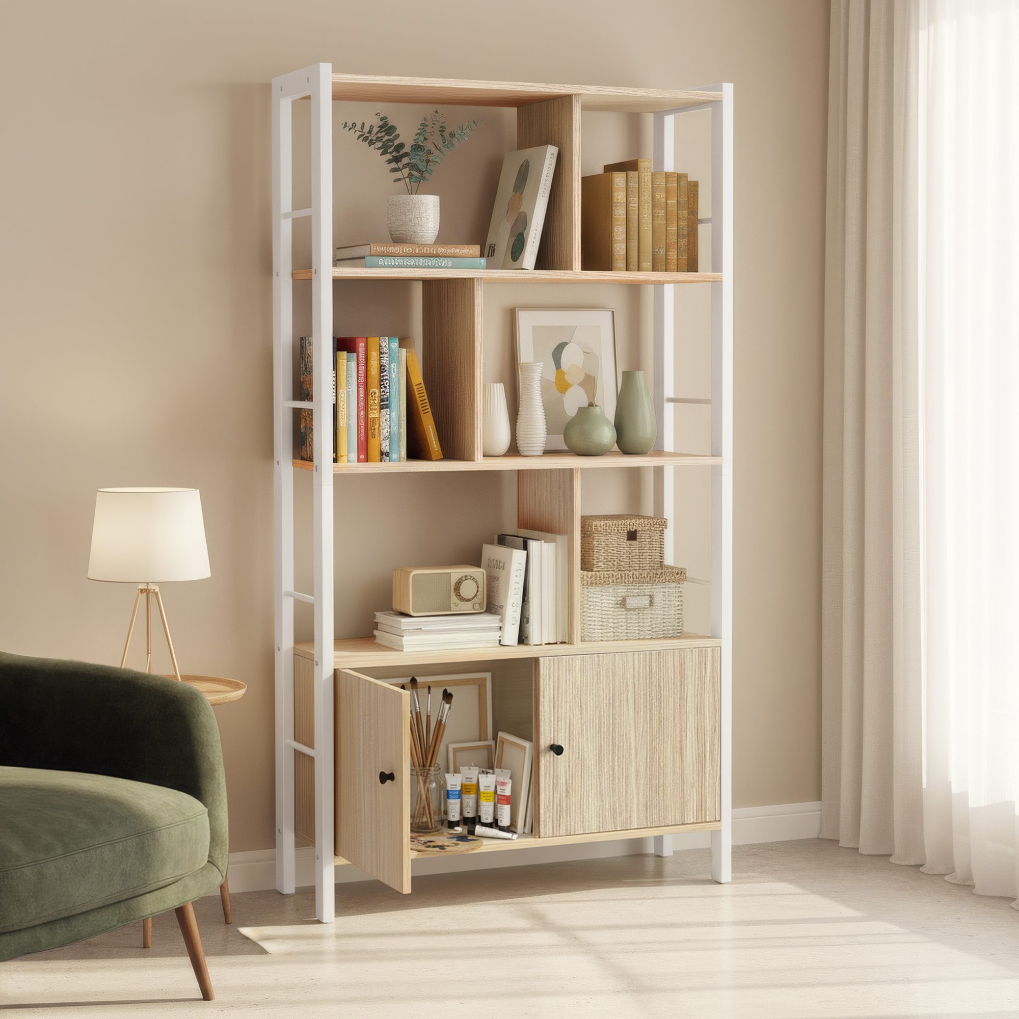 Bookshelf With , Storage Shelf, Bookcase, 30 X 74 X 154.5 Cm, Spacious, Beige-white