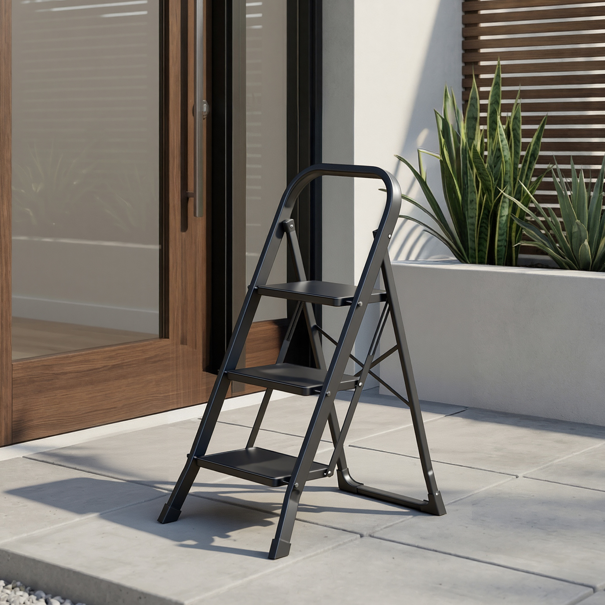 Folding Step Ladder With Locking Mechanism, Space-, For Household Use, Supports Up To 150 Kg, Black