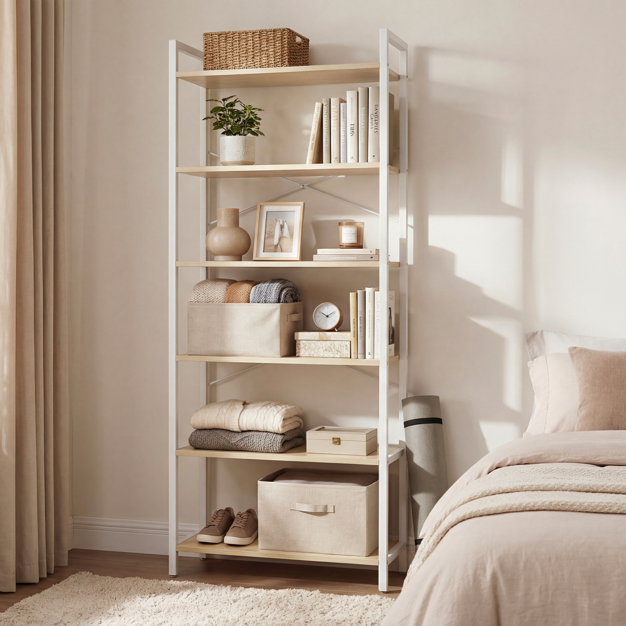 Image of 6-tier Bookshelf, Freestanding Shelf, Open Shelving, For Living Room, Office, Bedroom, 30 X 185.5 Cm, Beige-white