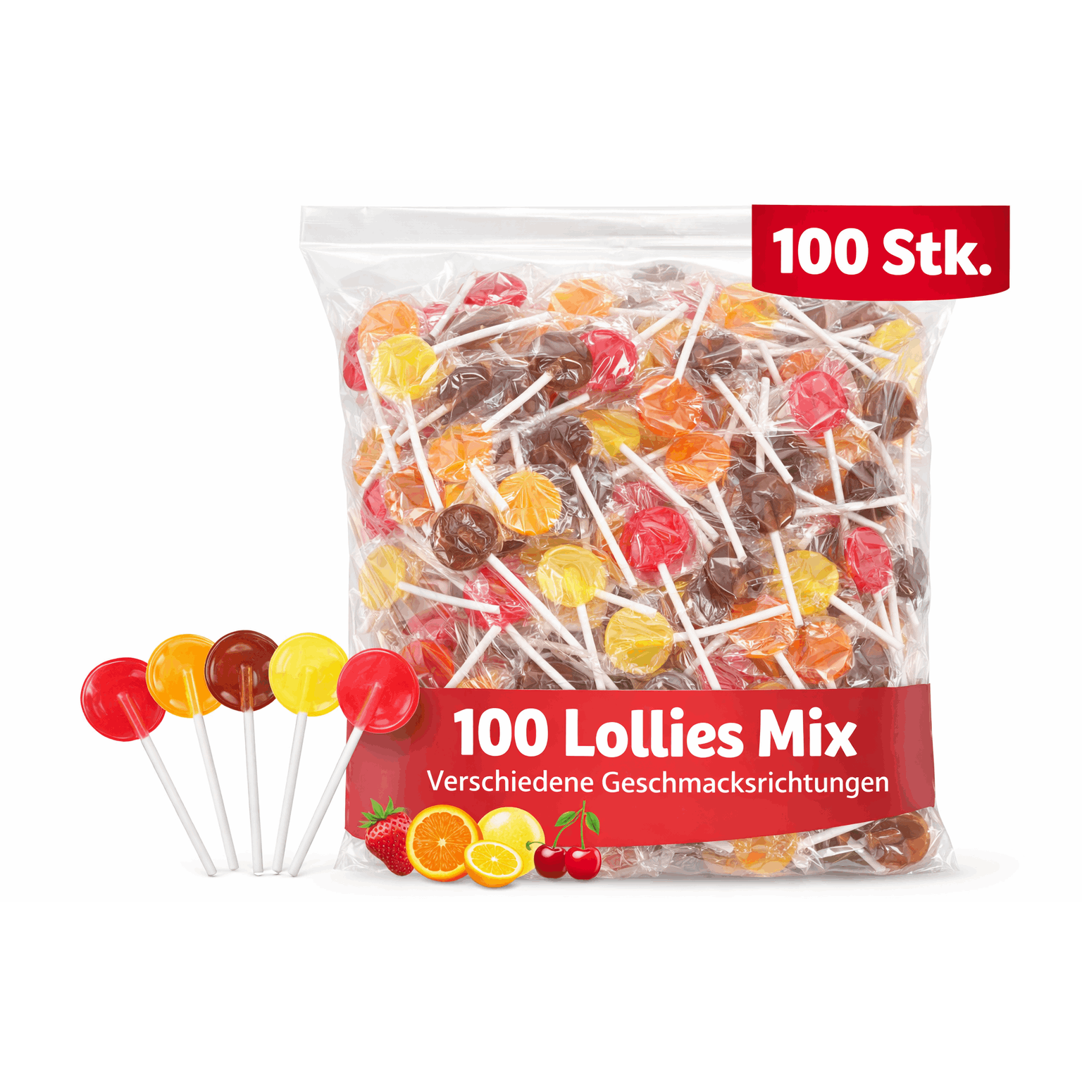E-shop Frucht- & Cola Flachlutscher – 100 Stück im Beutel | Bunte Lollis mit Frucht- & Cola-Geschmack